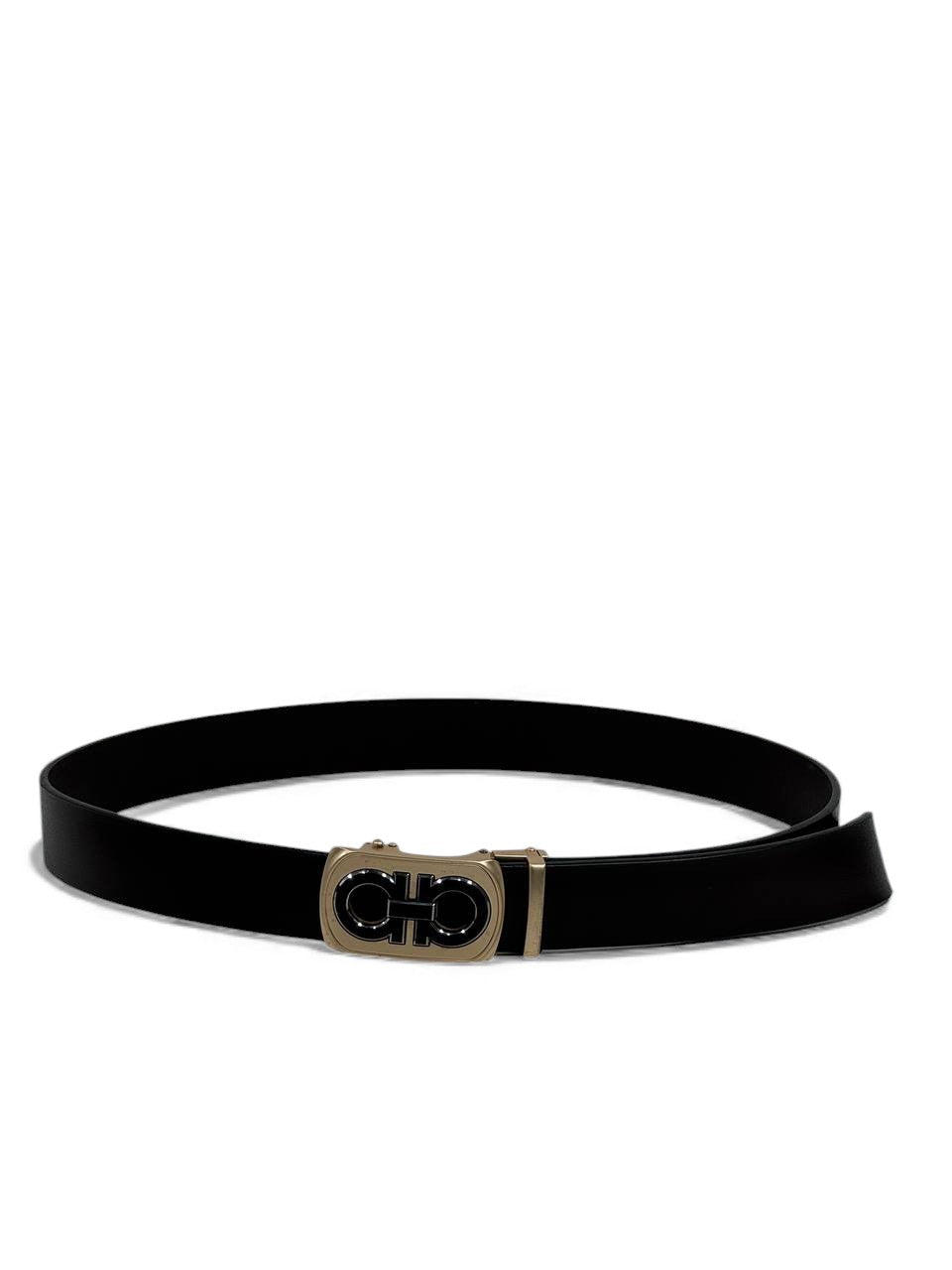 🖤 Salvatore Ferragamo Gancini Black Leather Belt – Gold & Enamel Buckle (125 cm) 🖤