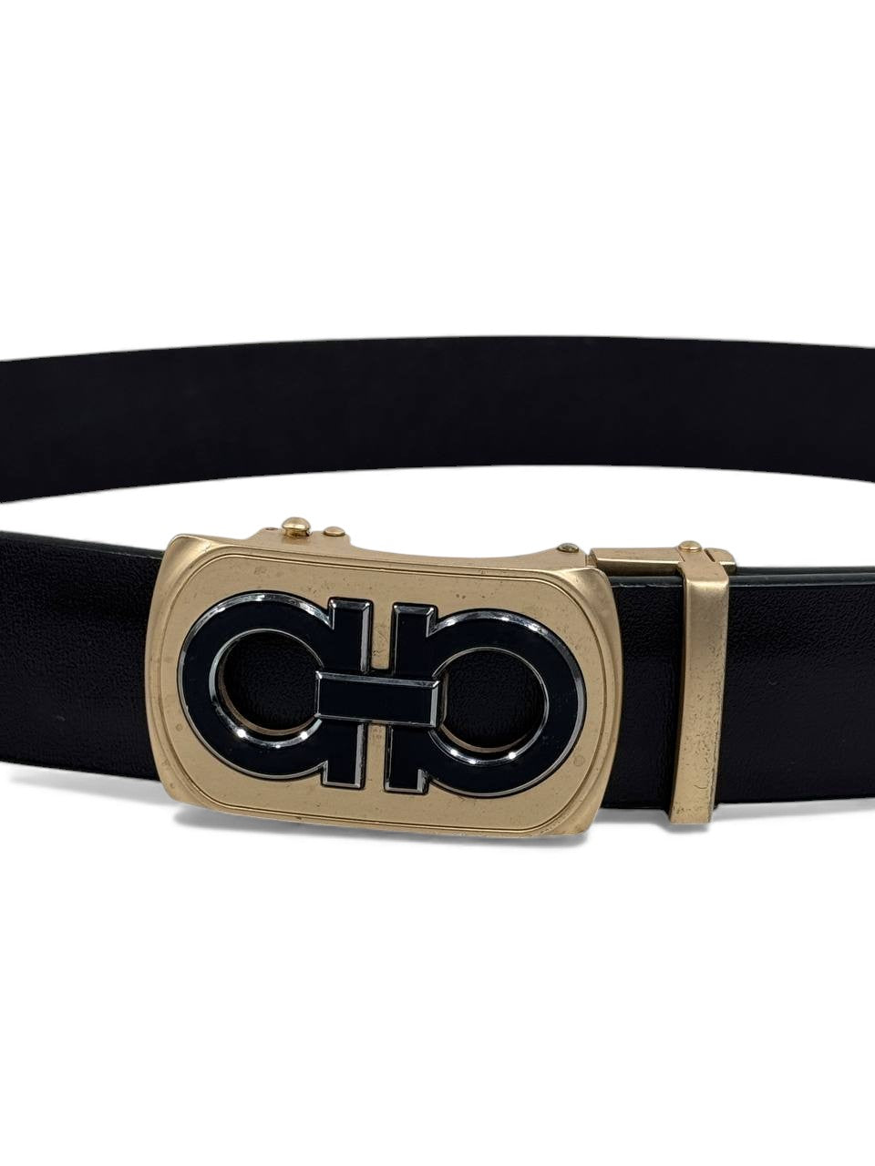 🖤 Salvatore Ferragamo Gancini Black Leather Belt – Gold & Enamel Buckle (125 cm) 🖤