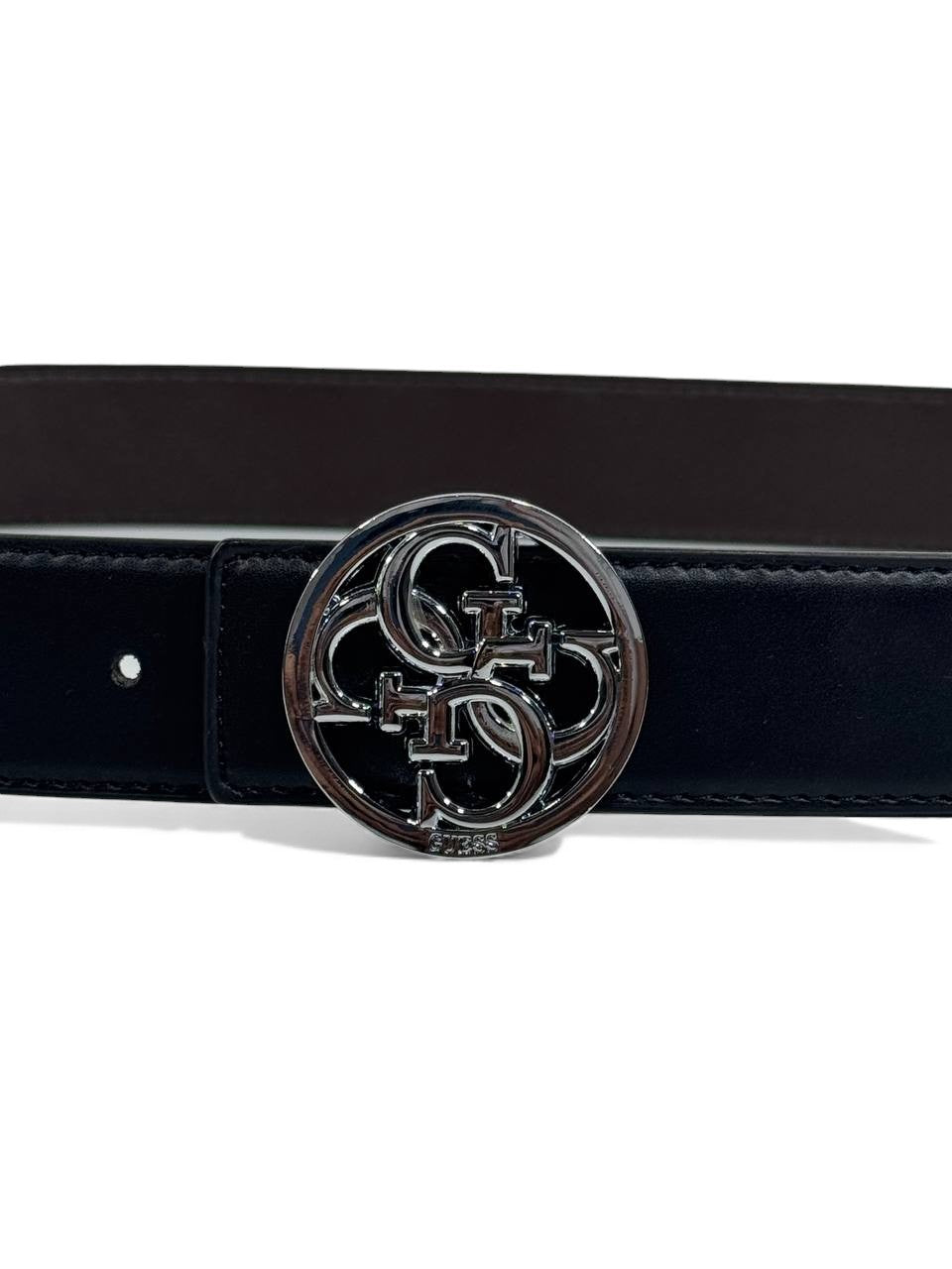 🖤 Guess Signature Black Leather Belt – Silver Logo Buckle (125 cm) 🖤