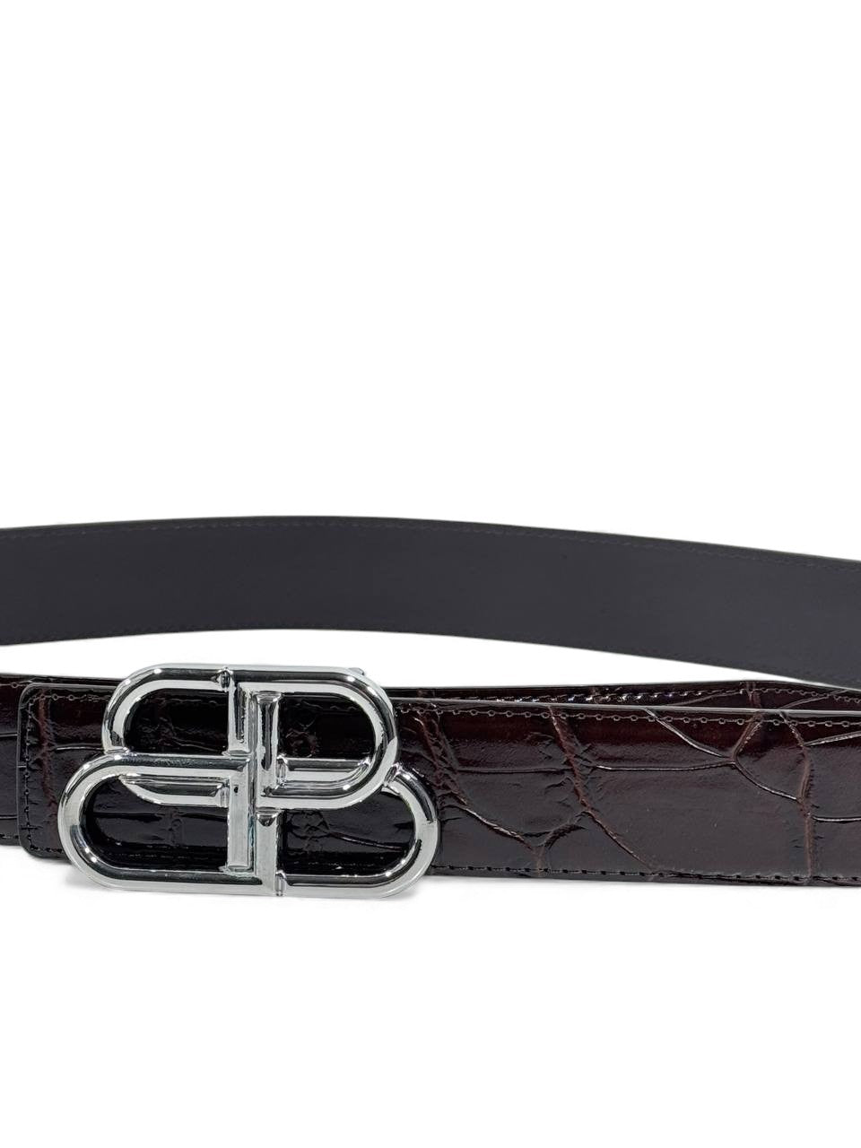 š¤ Balenciaga Crocodile-Embossed Leather Belt ā Dark Brown & Silver (125 cm) š¤
