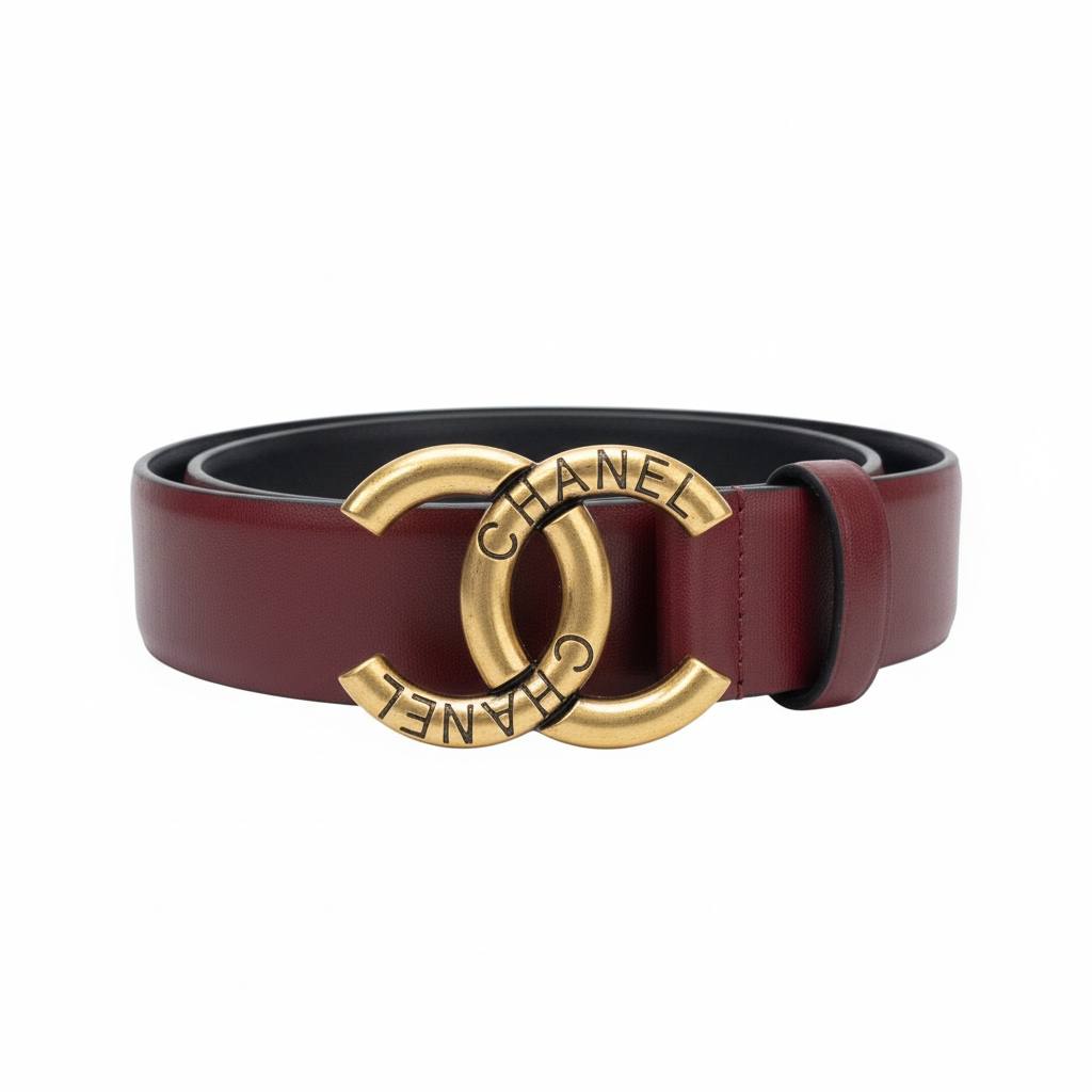 Chanel CC Logo Leather Belt – Burgundy Gold Statement Buckle ✨🍷