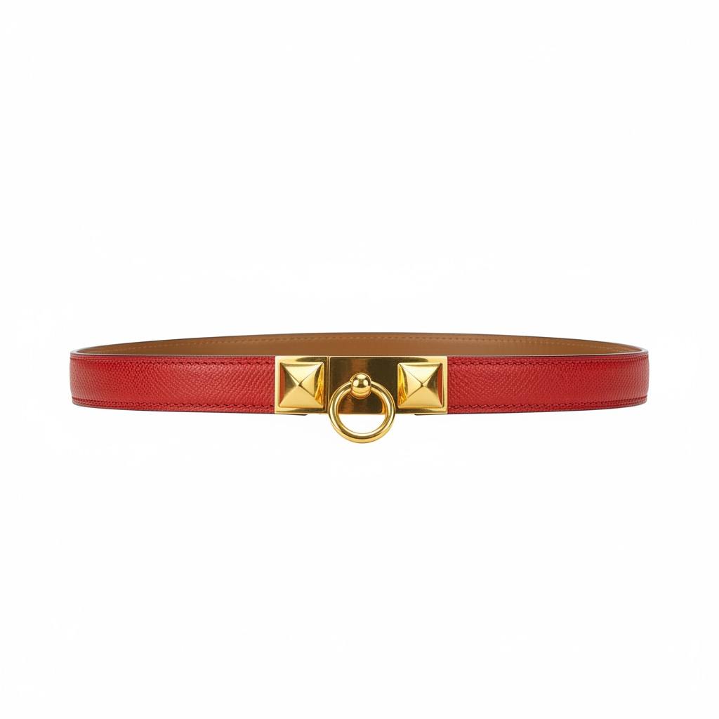 Hermès Collier de Chien Inspired Red Leather Belt – Gold Pyramid Ring Buckle 🔥✨