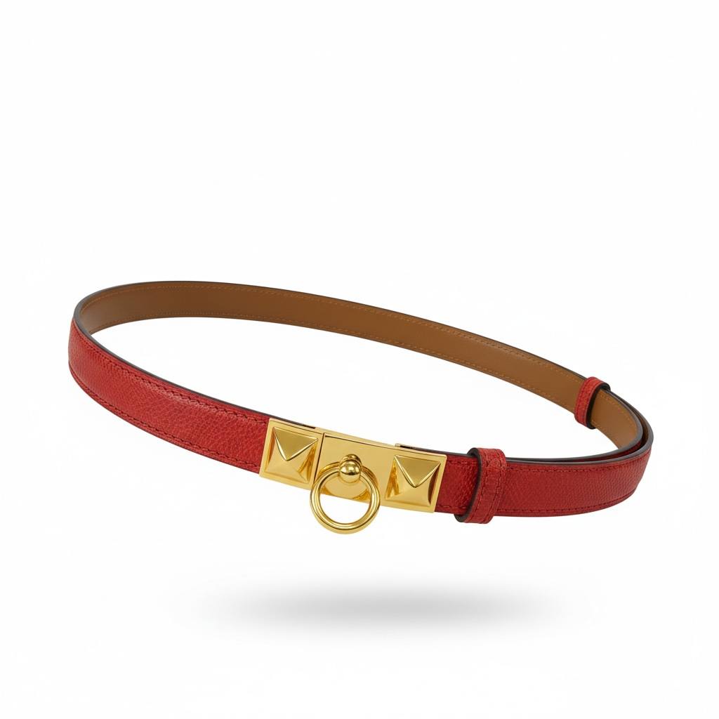Hermès Collier de Chien Inspired Red Leather Belt – Gold Pyramid Ring Buckle 🔥✨