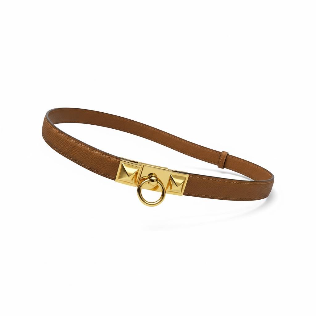 Hermès Collier de Chien Inspired Brown Leather Belt – Gold Pyramid Ring Buckle ✨