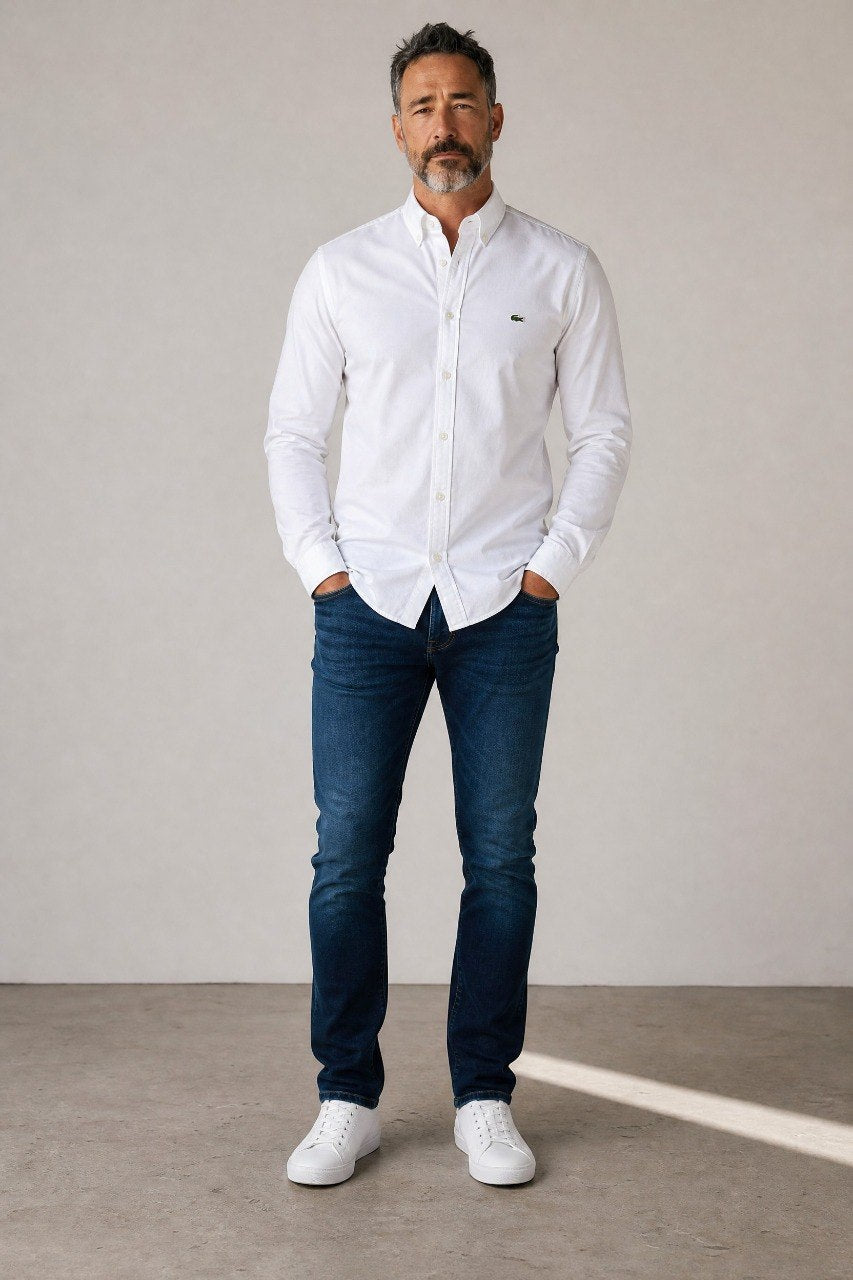 Lacoste Premium Classic White Oxford Button Down Long Sleeve Shirt for Men β Luxury Smart Casual Wardrobe Essential π€β¨