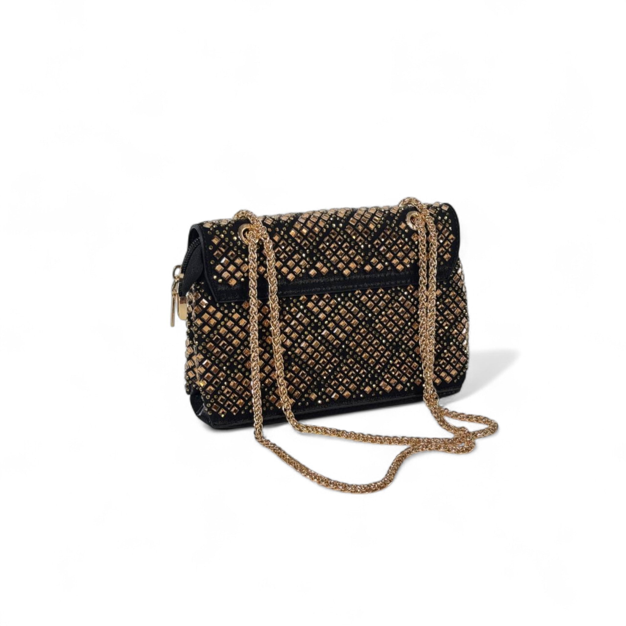 Black & Gold Embellished Shoulder Bag – Hamsa Clasp Crystal Chain Purse 🖤✨