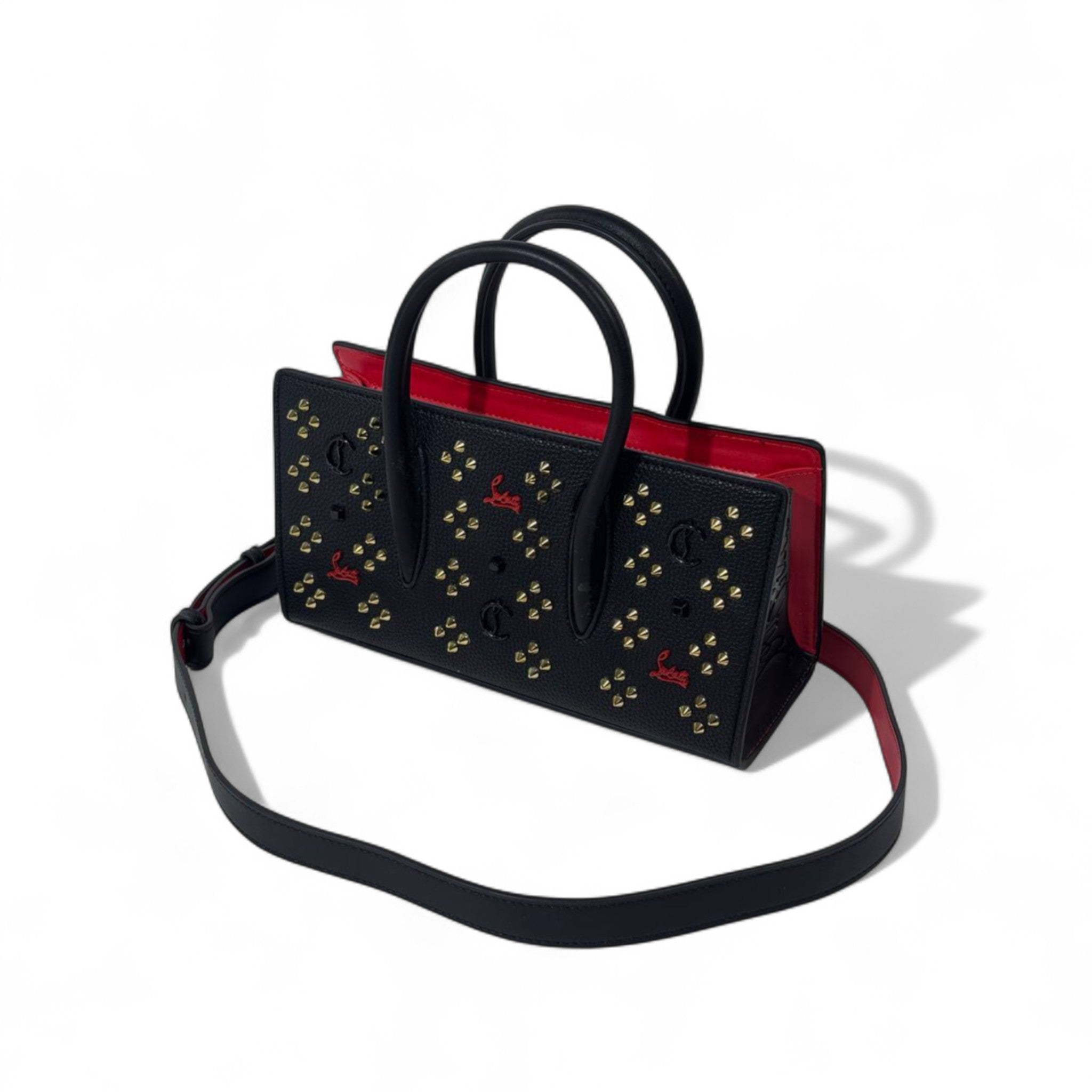 Christian Louboutin Black Studded Cabata Tote – Red Lining & Crossbody Strap 🖤🔥