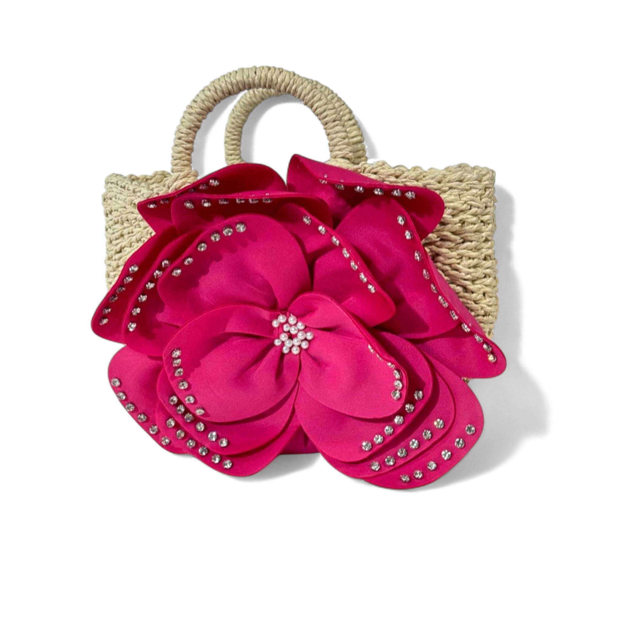 Hot Pink Rhinestone Flower Straw Bag – Glam Bloom Tote