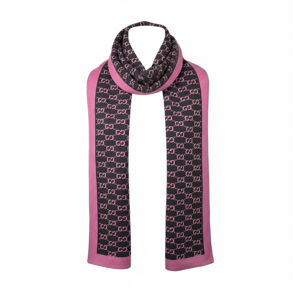 π Gucci Monogram Scarf | Black & Pink Wool Knit