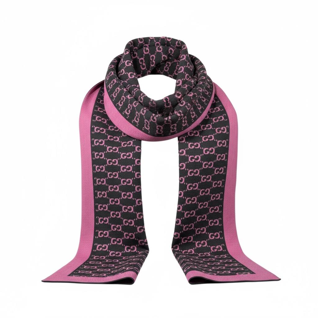 π Gucci Monogram Scarf | Black & Pink Wool Knit