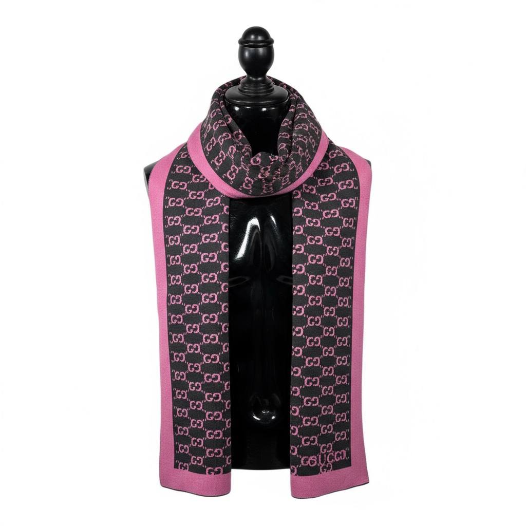 π Gucci Monogram Scarf | Black & Pink Wool Knit
