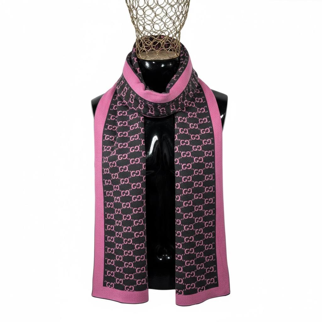 π Gucci Monogram Scarf | Black & Pink Wool Knit