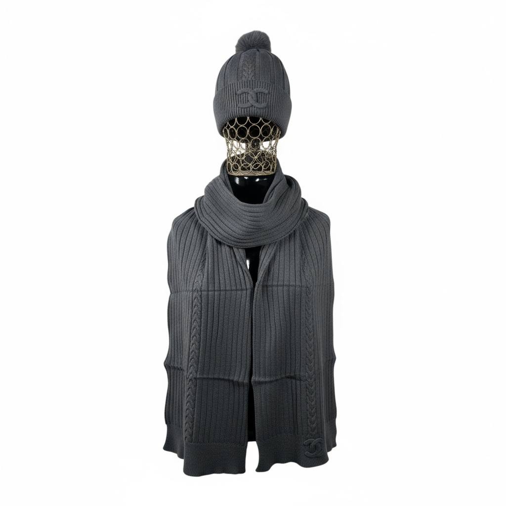 đź–¤ Chanel Knit Beanie & Scarf Set | Grey Wool Winter Collection