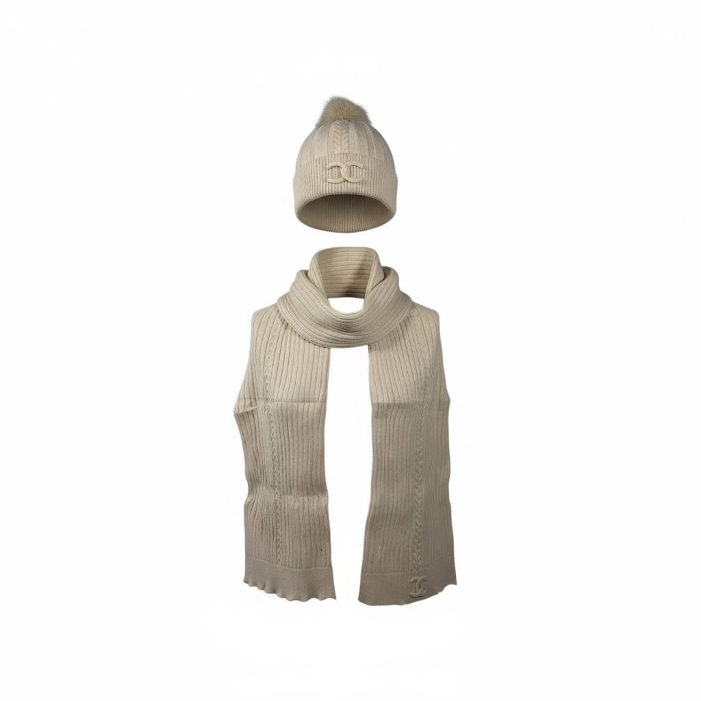 š¤ Chanel Knit Beanie & Scarf Set | Cream Wool Winter Collection