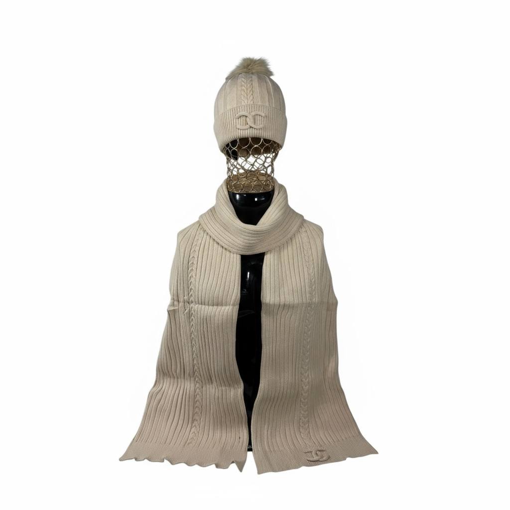 š¤ Chanel Knit Beanie & Scarf Set | Cream Wool Winter Collection