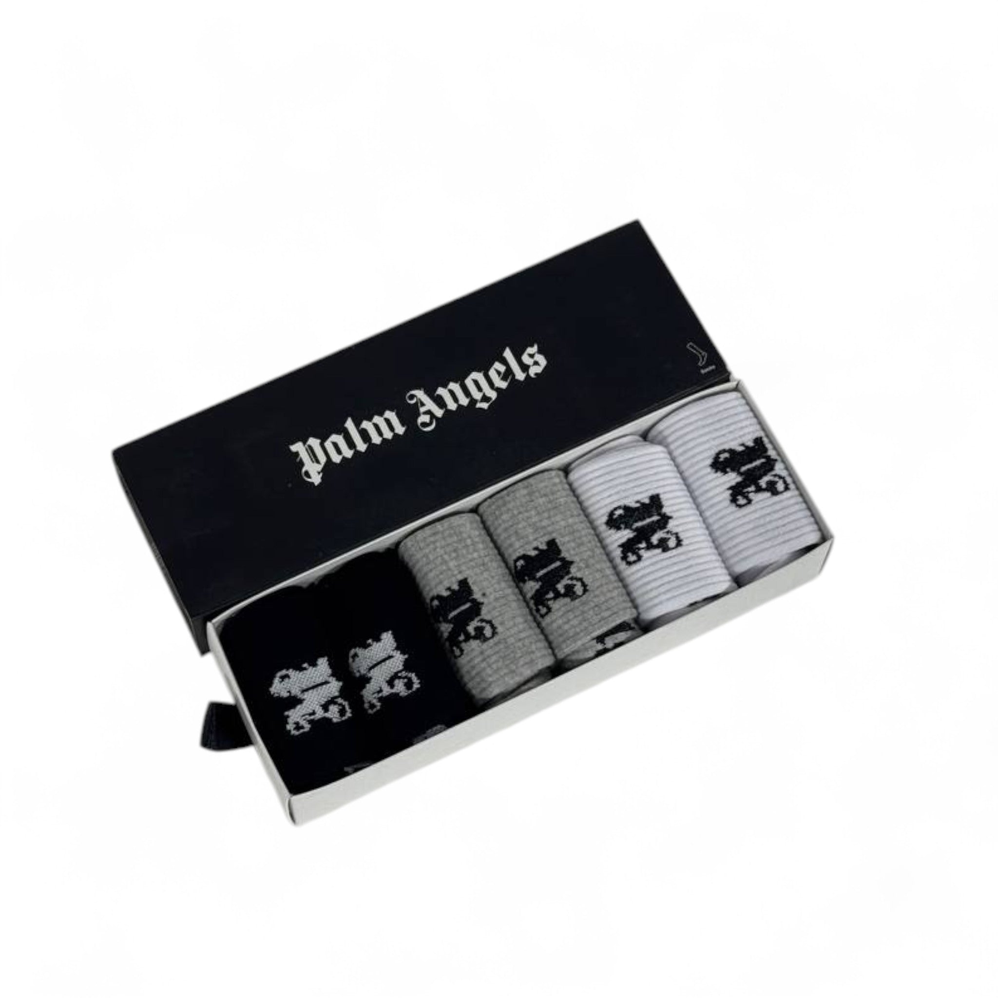 Palm Angels Crew Socks Set – 6 Pairs (White, Black, Grey) with Gift Box