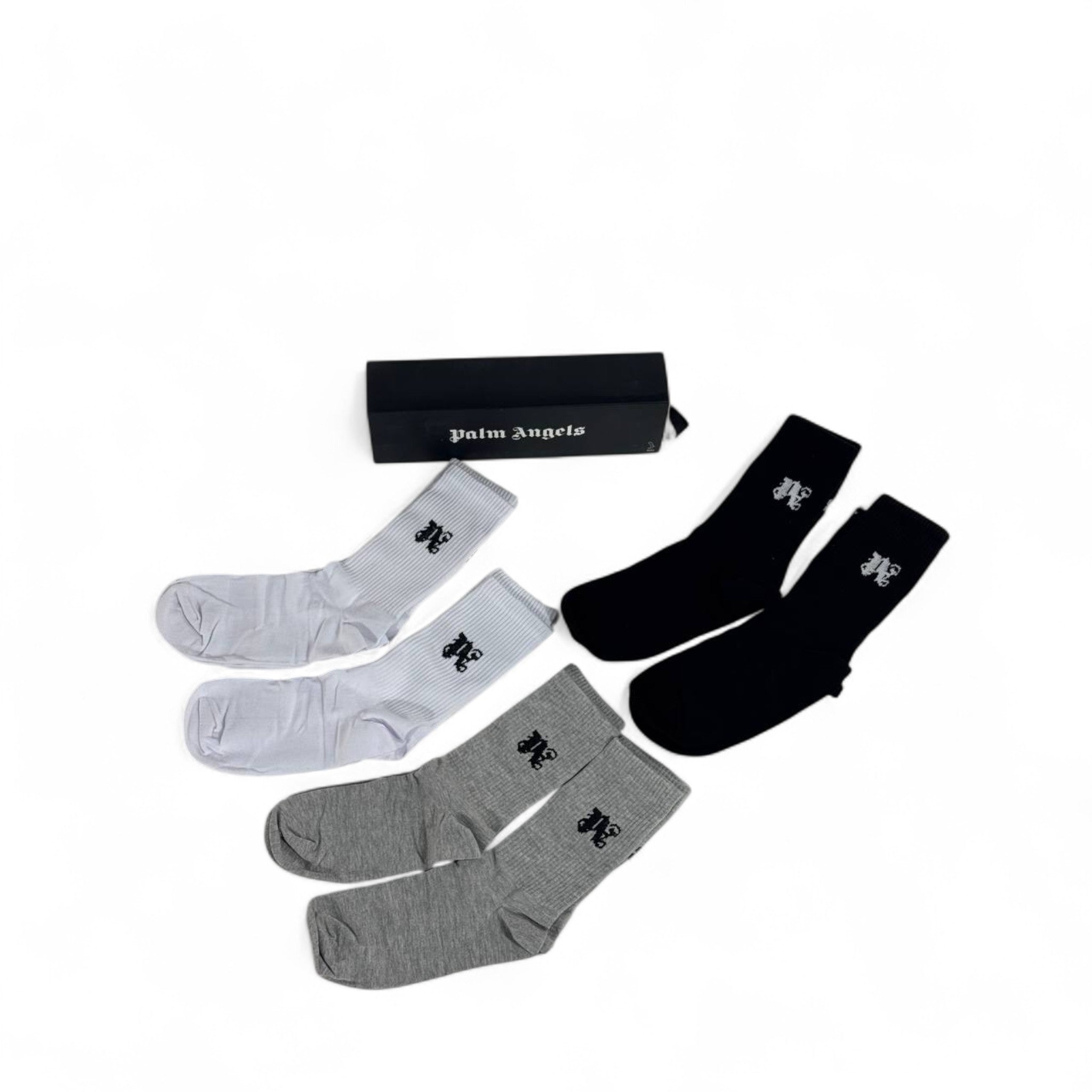 Palm Angels Crew Socks Set – 6 Pairs (White, Black, Grey) with Gift Box