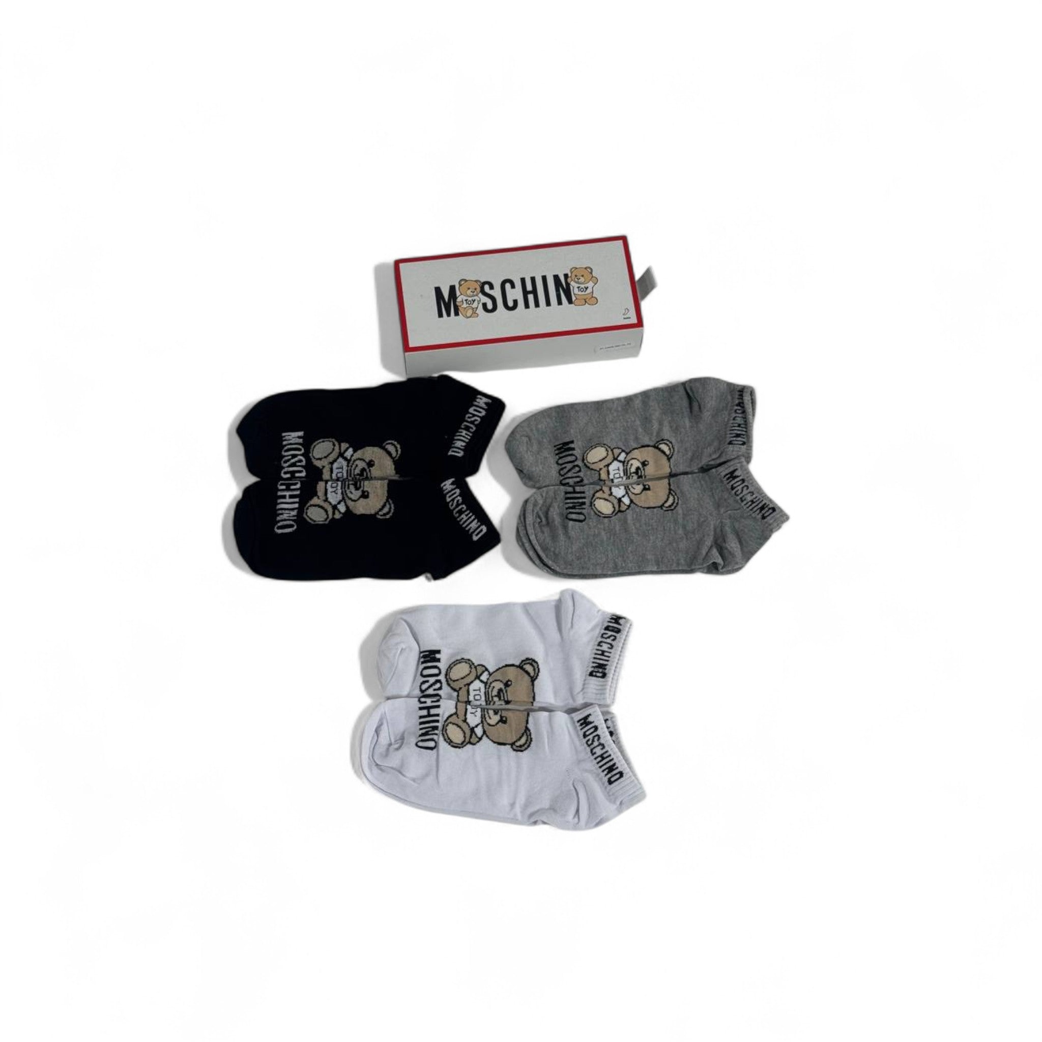 🐻 Moschino Teddy Low-Cut Socks Set – 6 Pairs (White, Grey, Black) ✨