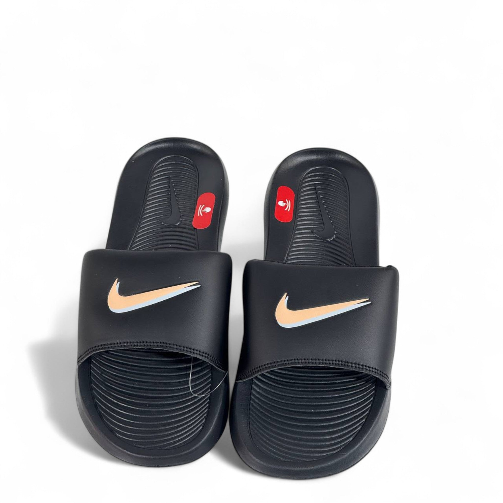 Nike Tech Black & Gold Swoosh Slides β Premium Comfort & Sleek Style