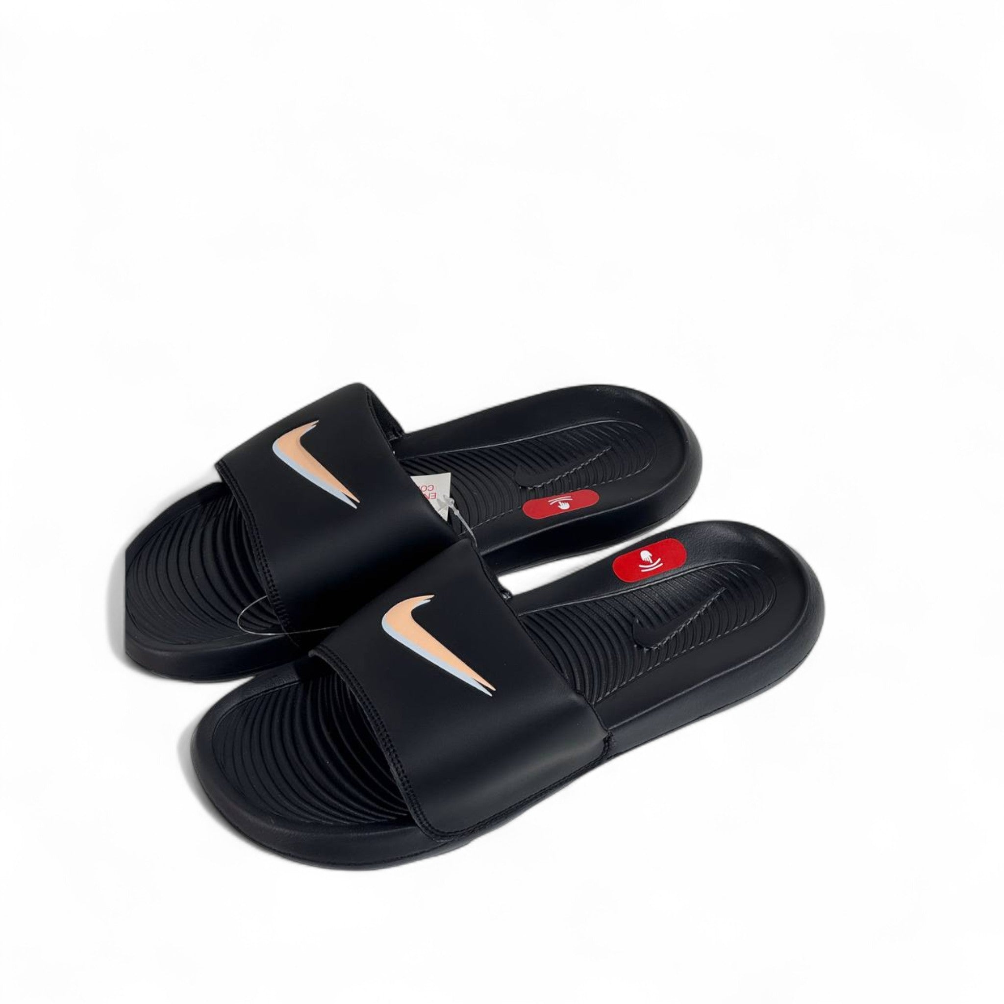 Nike Tech Black & Gold Swoosh Slides β Premium Comfort & Sleek Style