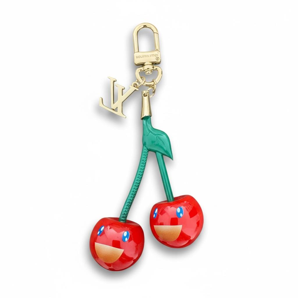Louis Vuitton Cherry Bag Charm đ⨠| Smiling Cherries & Gold LV Logo Keychain