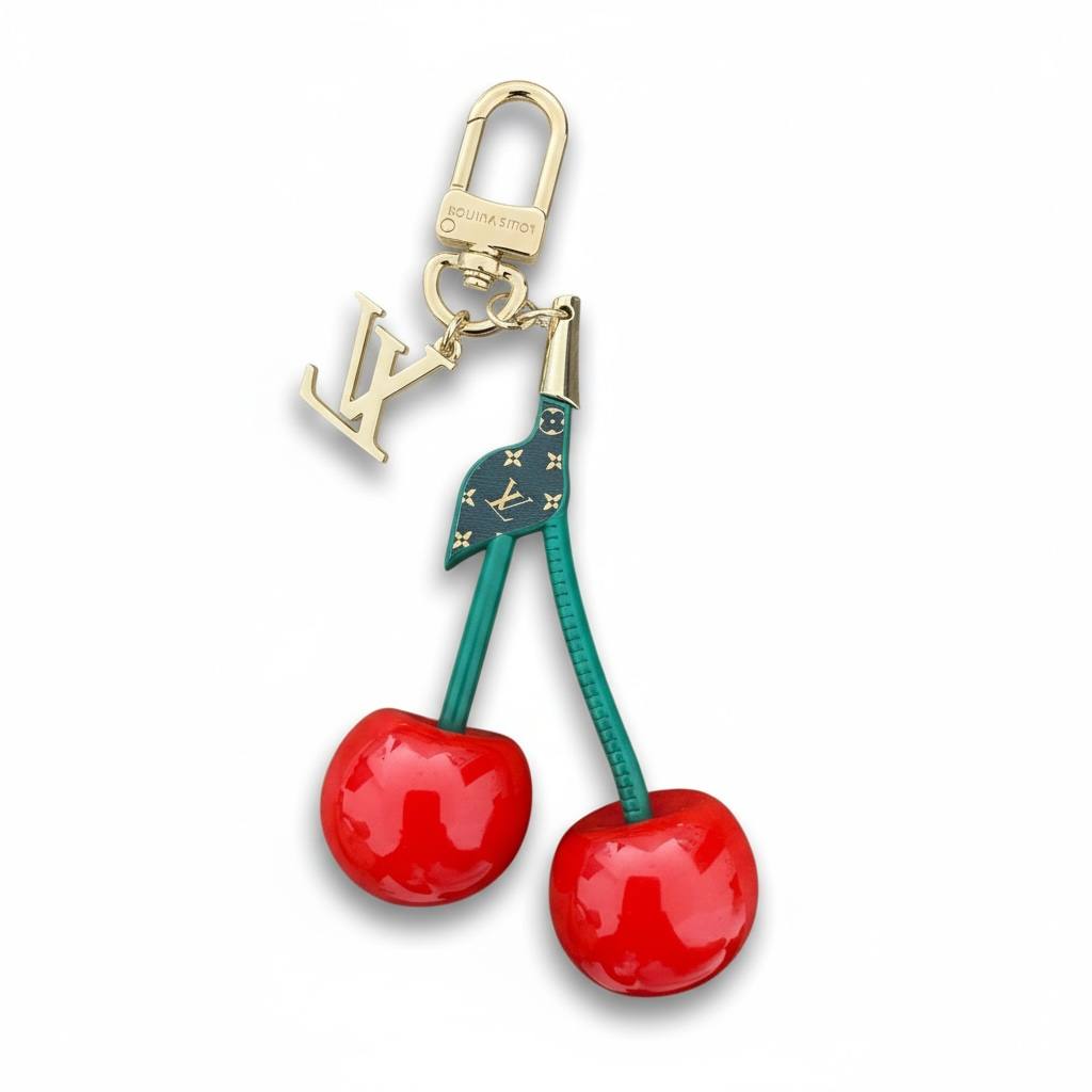 Louis Vuitton Cherry Bag Charm đ⨠| Smiling Cherries & Gold LV Logo Keychain