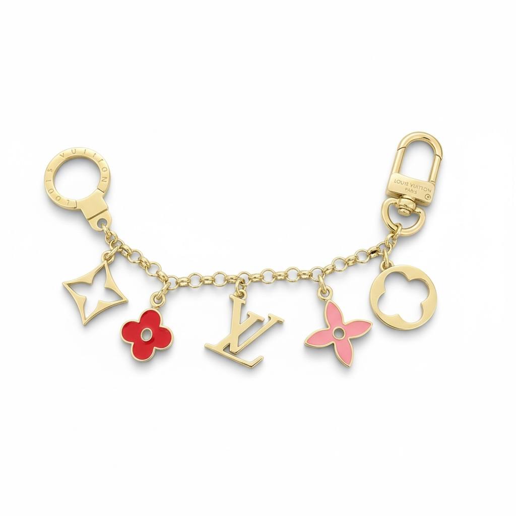 Louis Vuitton Pink & Red Monogram Charm Chain ✨🌸 | Gold LV Logo & Enamel Flowers