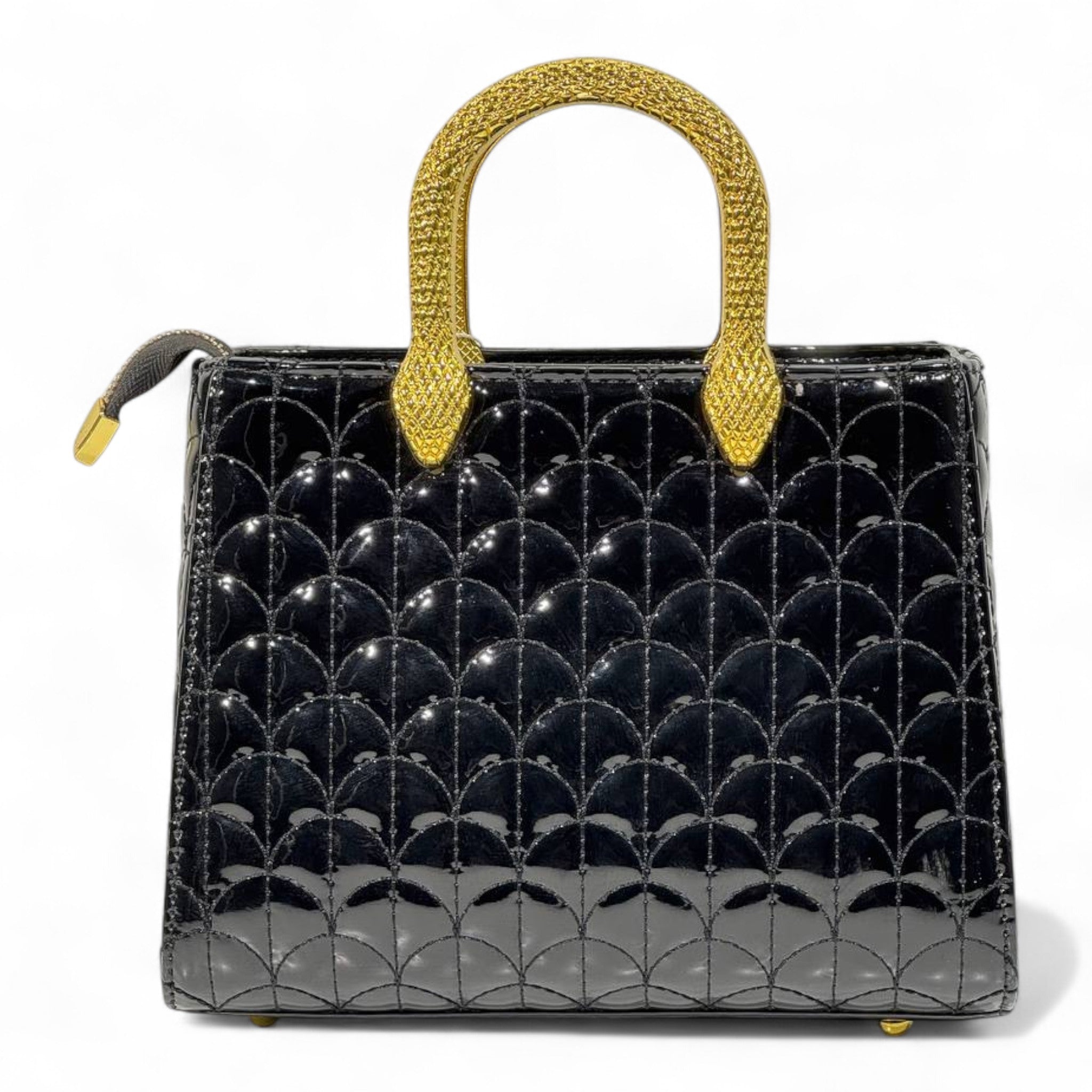 BVLGARI Patent Black Quilted Handbag with Gold Serpent Handles β Elite Luxury Statement π€β¨