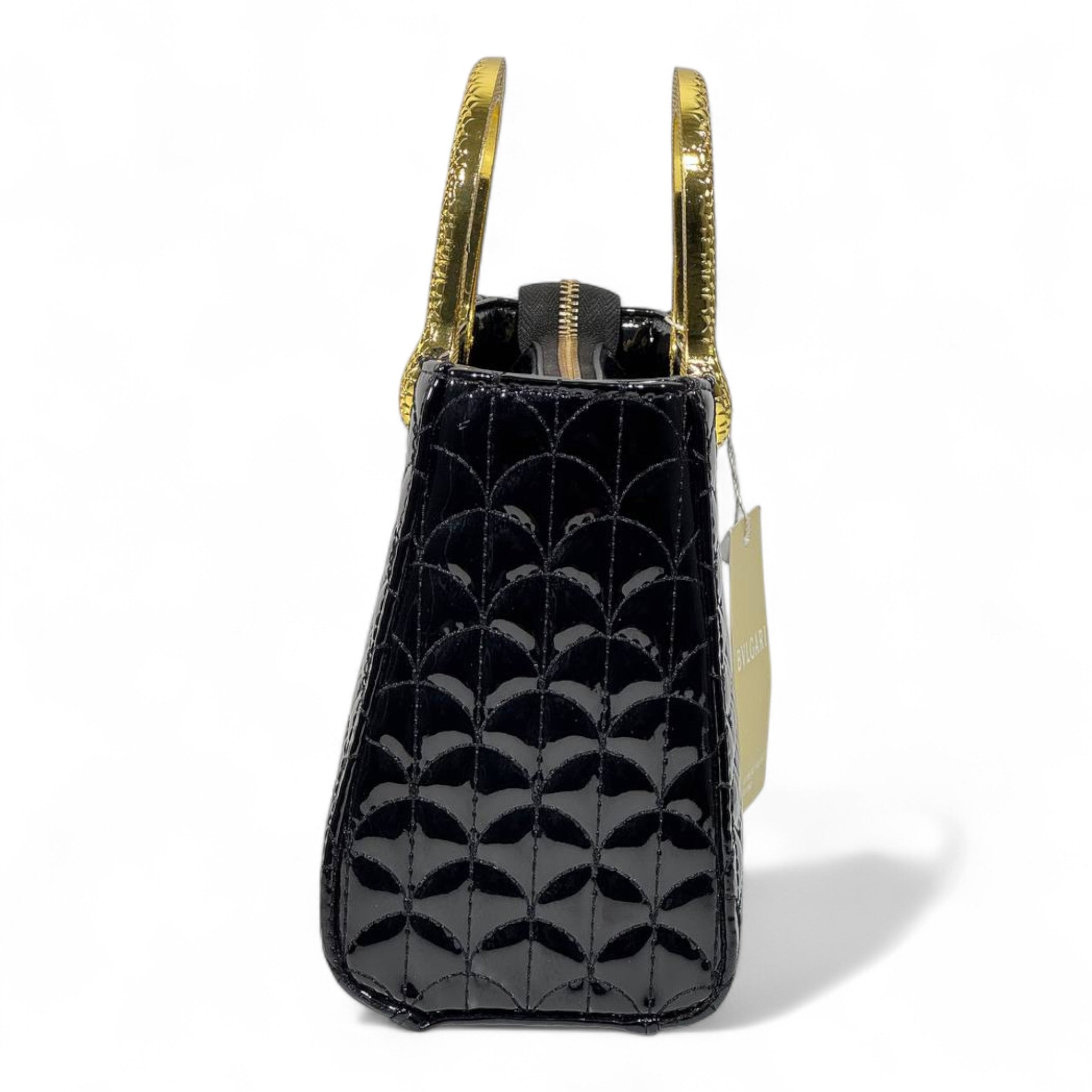 BVLGARI Patent Black Quilted Handbag with Gold Serpent Handles β Elite Luxury Statement π€β¨