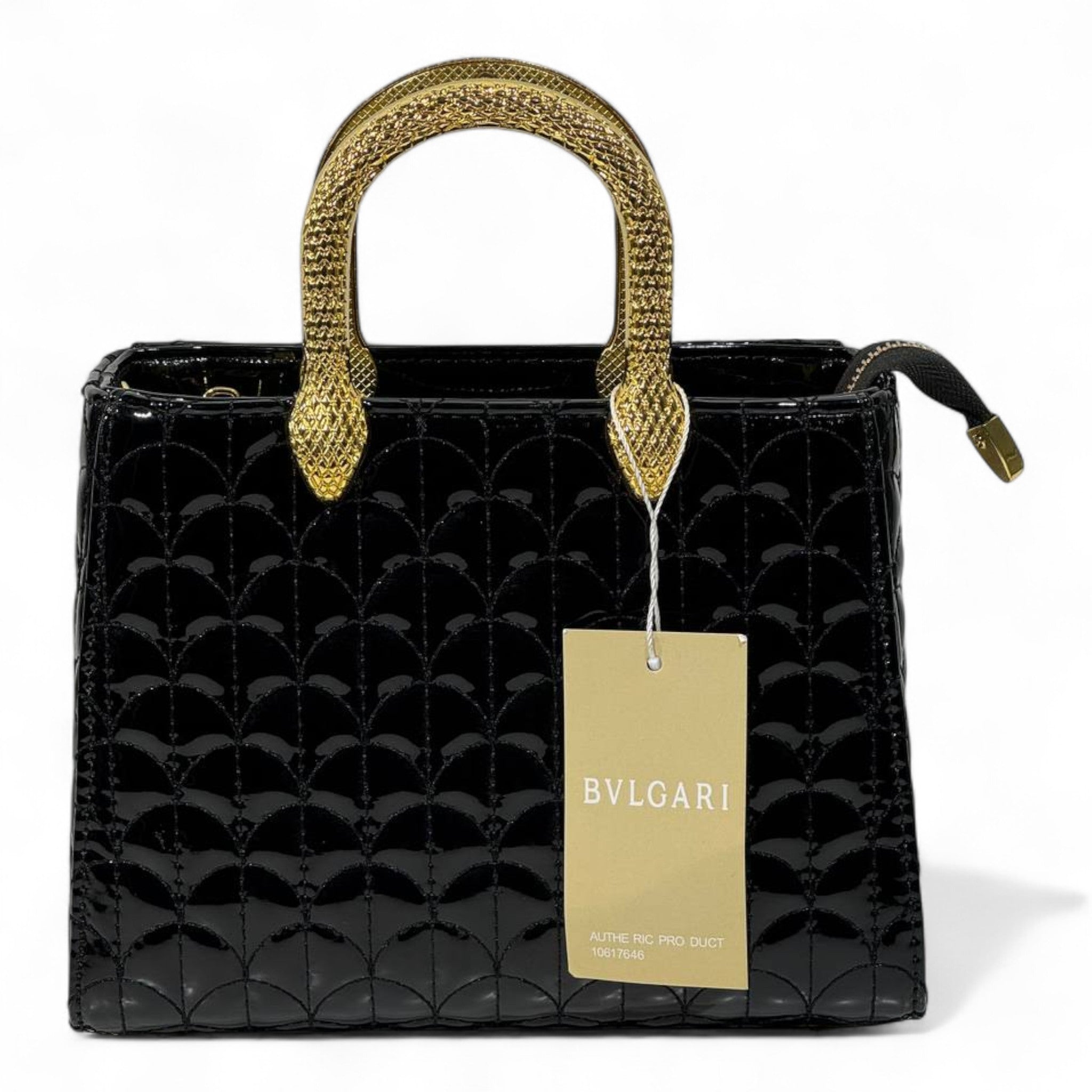 BVLGARI Patent Black Quilted Handbag with Gold Serpent Handles β Elite Luxury Statement π€β¨
