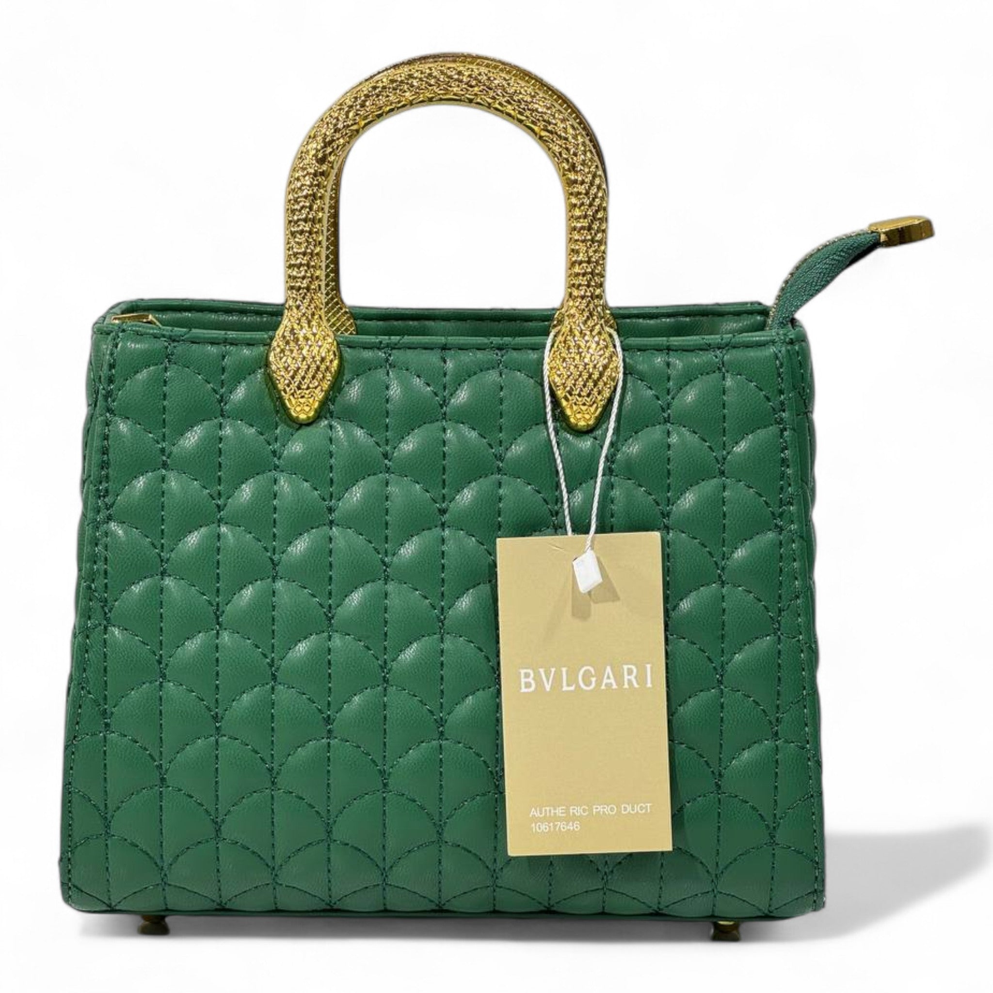 BVLGARI Emerald Green Quilted Handbag with Gold Serpent Handles β Luxury Signature Edition πβ¨