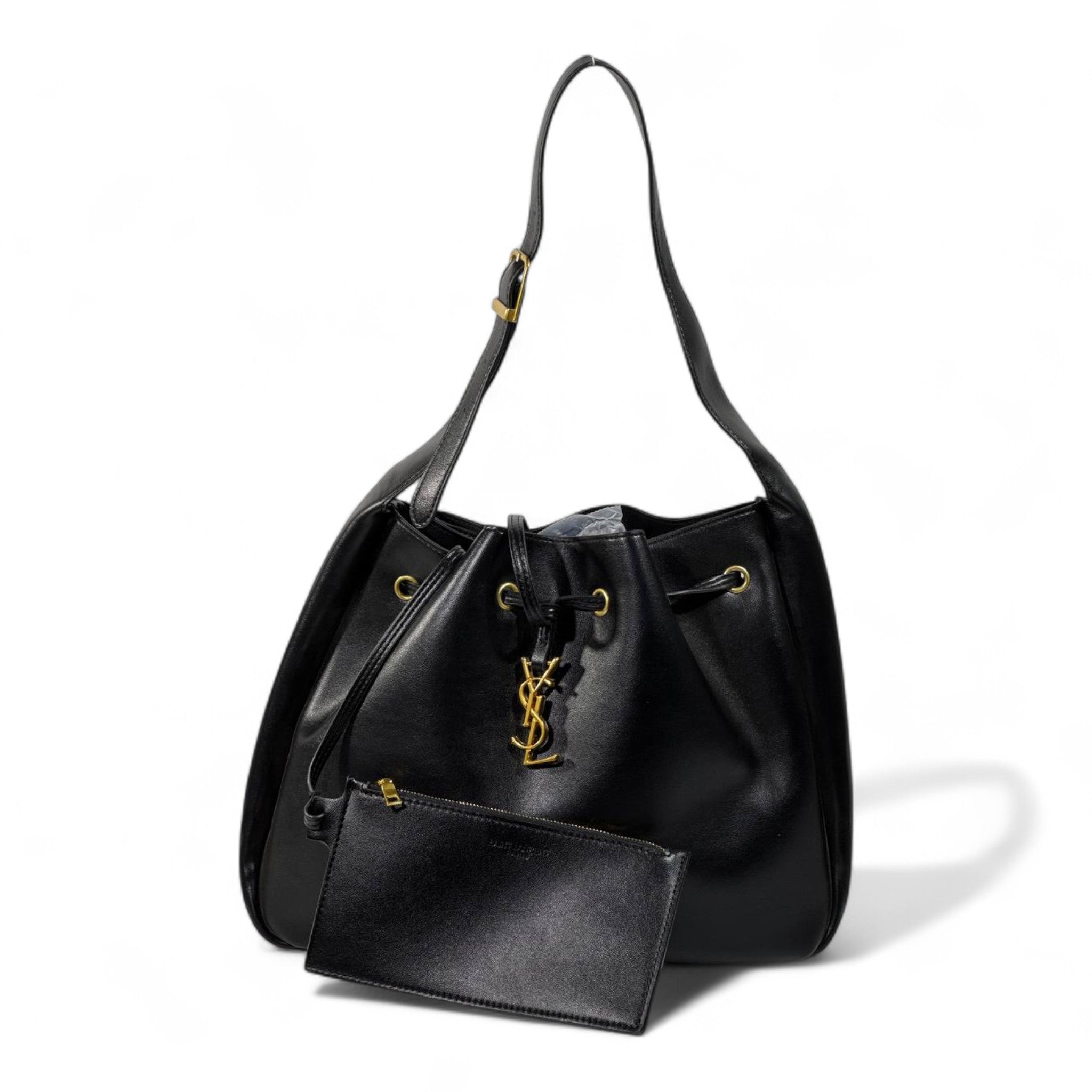 YSL Black Leather Shoulder Bag with Matching Pouch β Classic Drawstring Luxury π€β¨