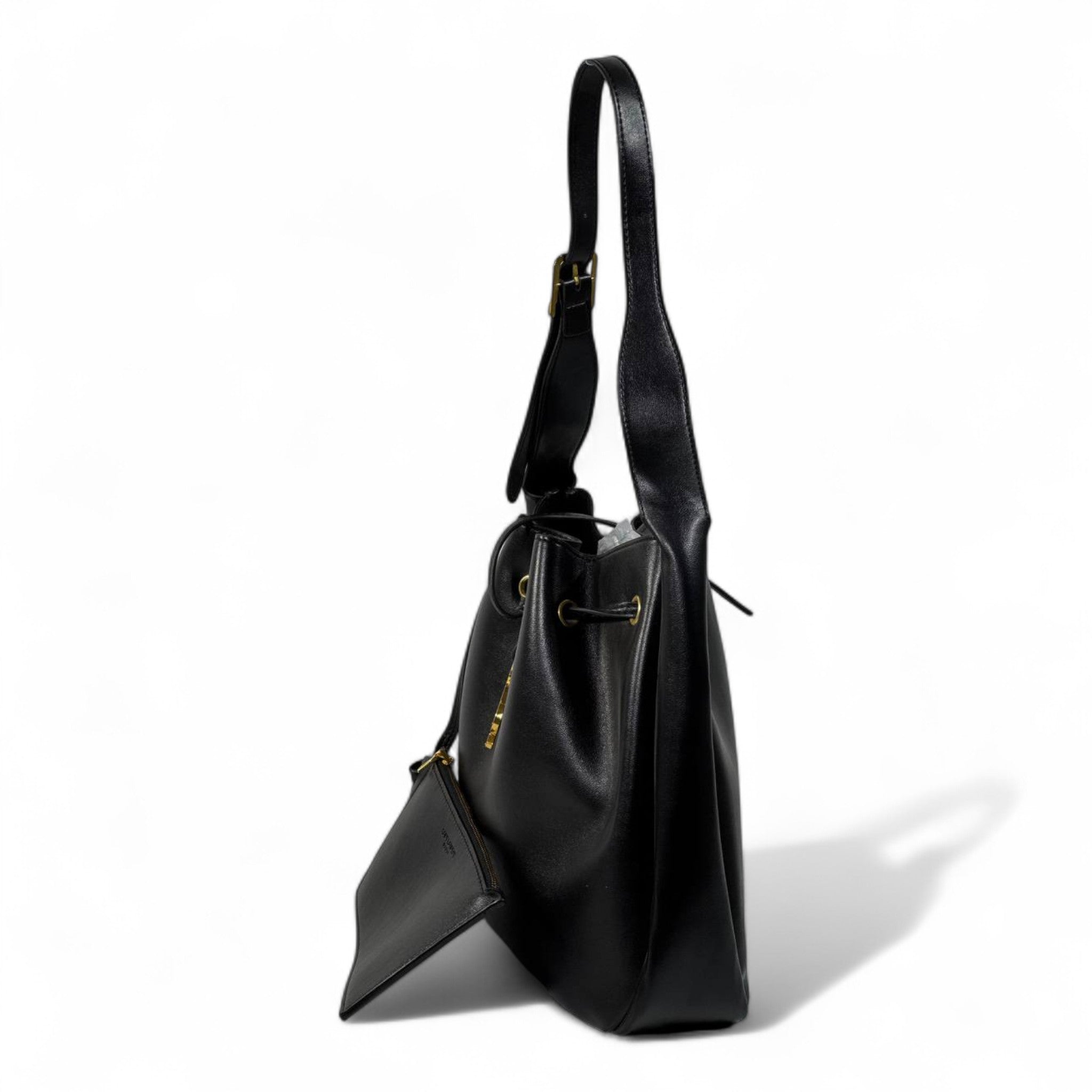YSL Black Leather Shoulder Bag with Matching Pouch β Classic Drawstring Luxury π€β¨