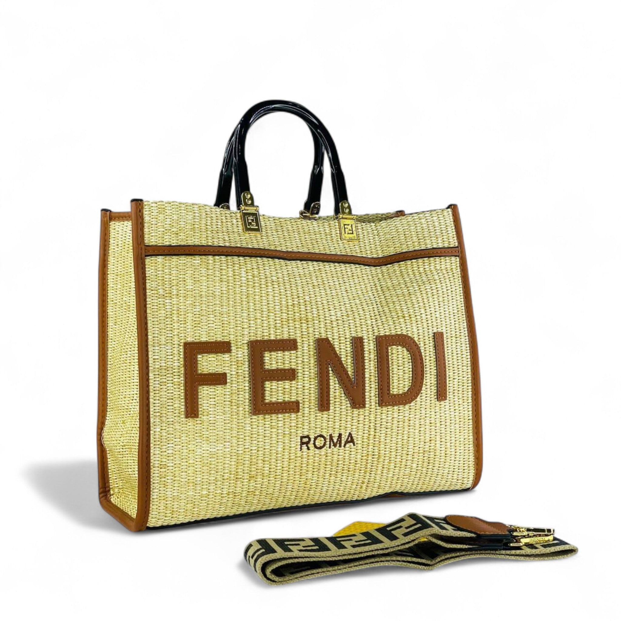 Fendi Roma Raffia Tote Bag – Natural Elegance with Logo Strap 🌾🖤