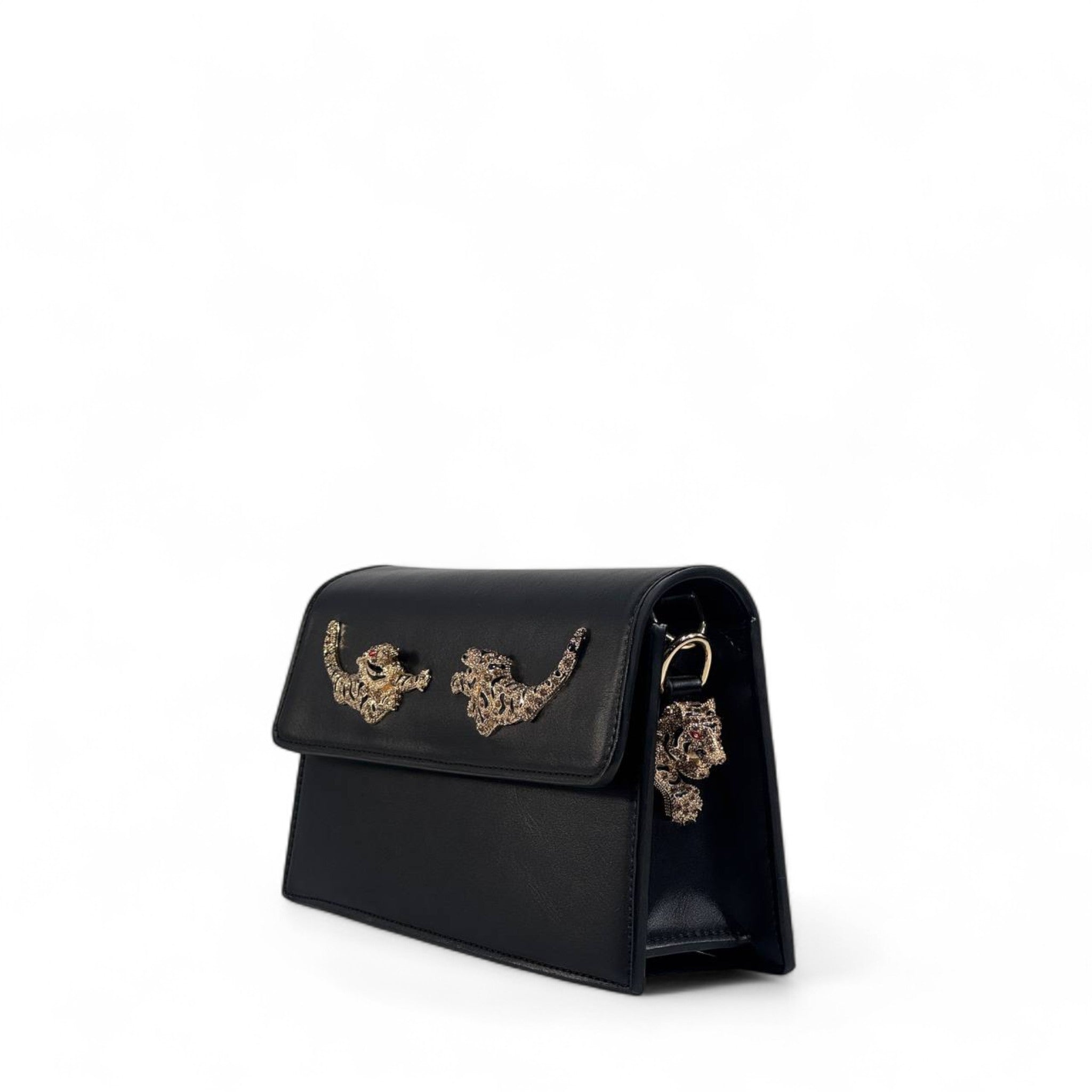 đ
Roberto Cavalli Black Leather Clutch â Gold Embroidered Tigers ⨠| Luxury Womenâs Evening Bag