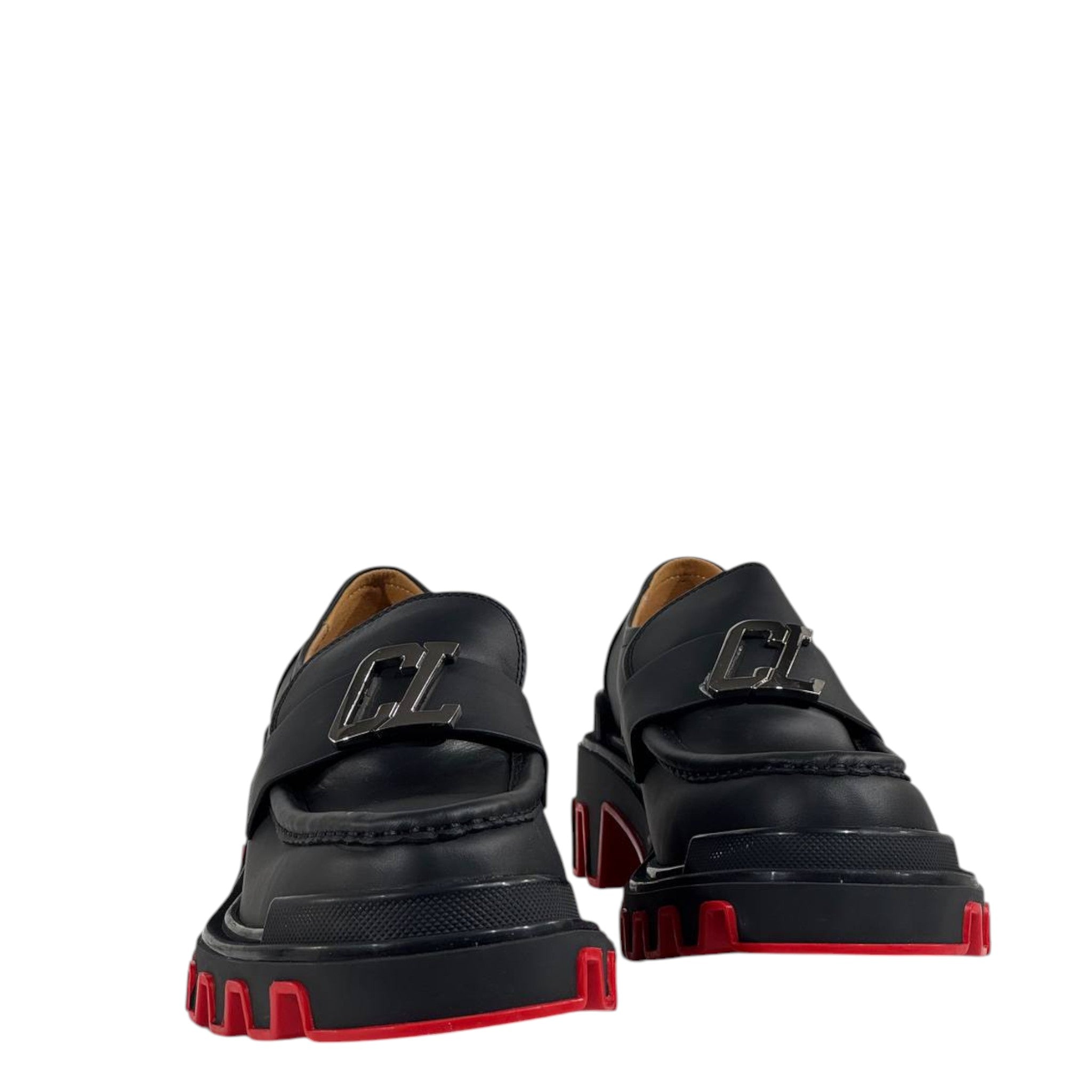 🔥 Christian Louboutin CL Loafers – Black Leather with Red Chunky Sole 👞✨