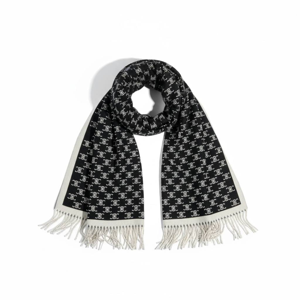 CELINE Double-Face Triomphe Jacquard Scarf – Black & Cream