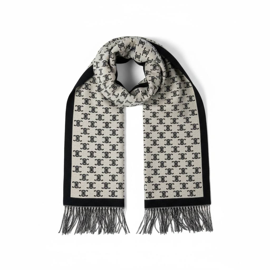 CELINE Double-Face Triomphe Jacquard Scarf – Black & Cream