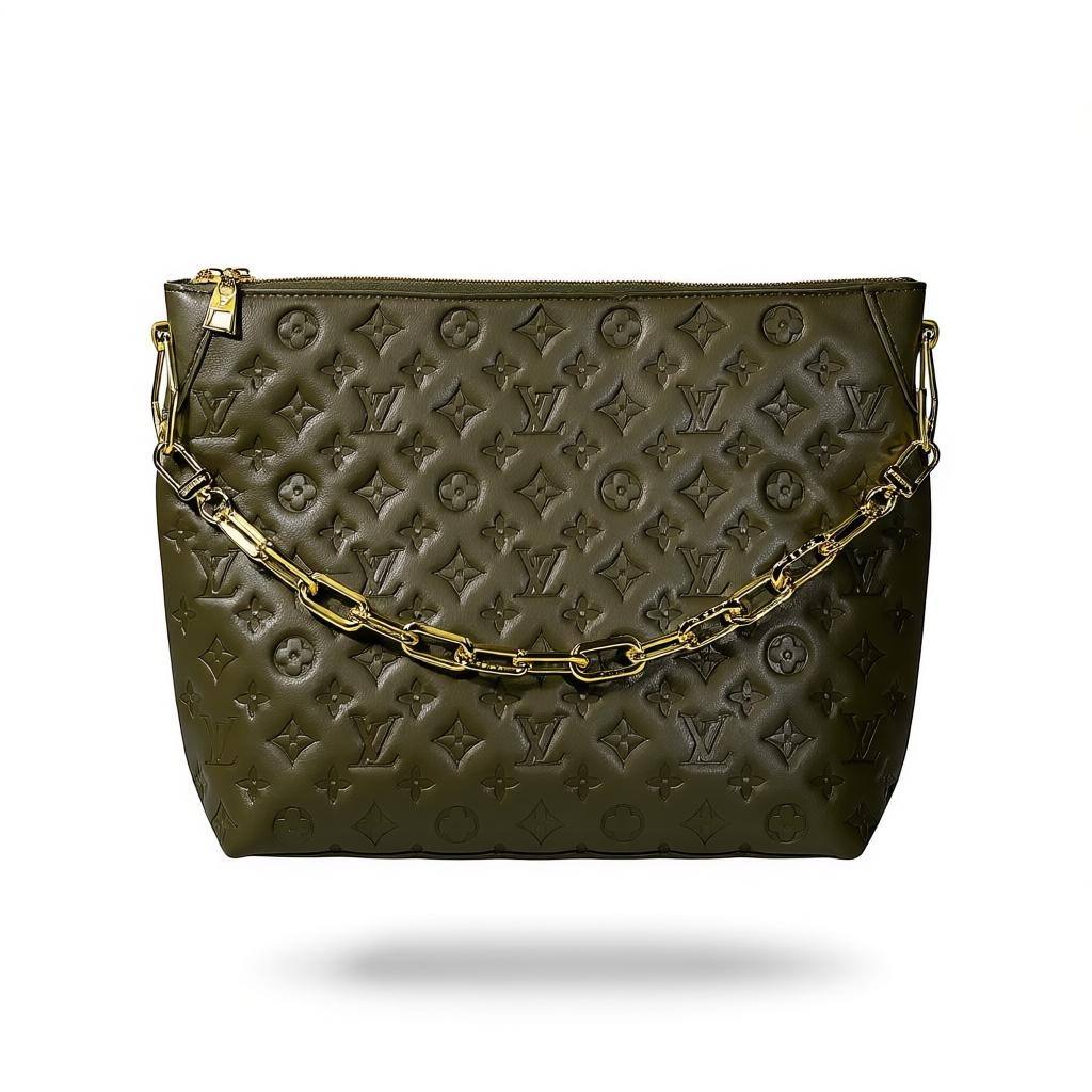 ✨💚 Louis Vuitton Embossed Monogram Tote Bag + Matching Pouch – Olive Green Edition