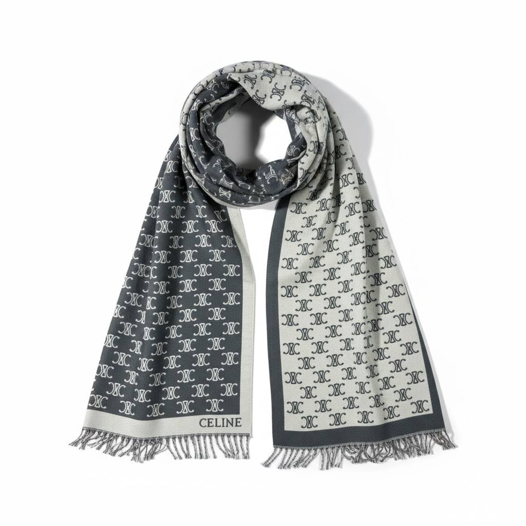 🧣✨ Celine Double-Face Triomphe Monogram Scarf – Grey × Off-White | Premium Winter Luxury
