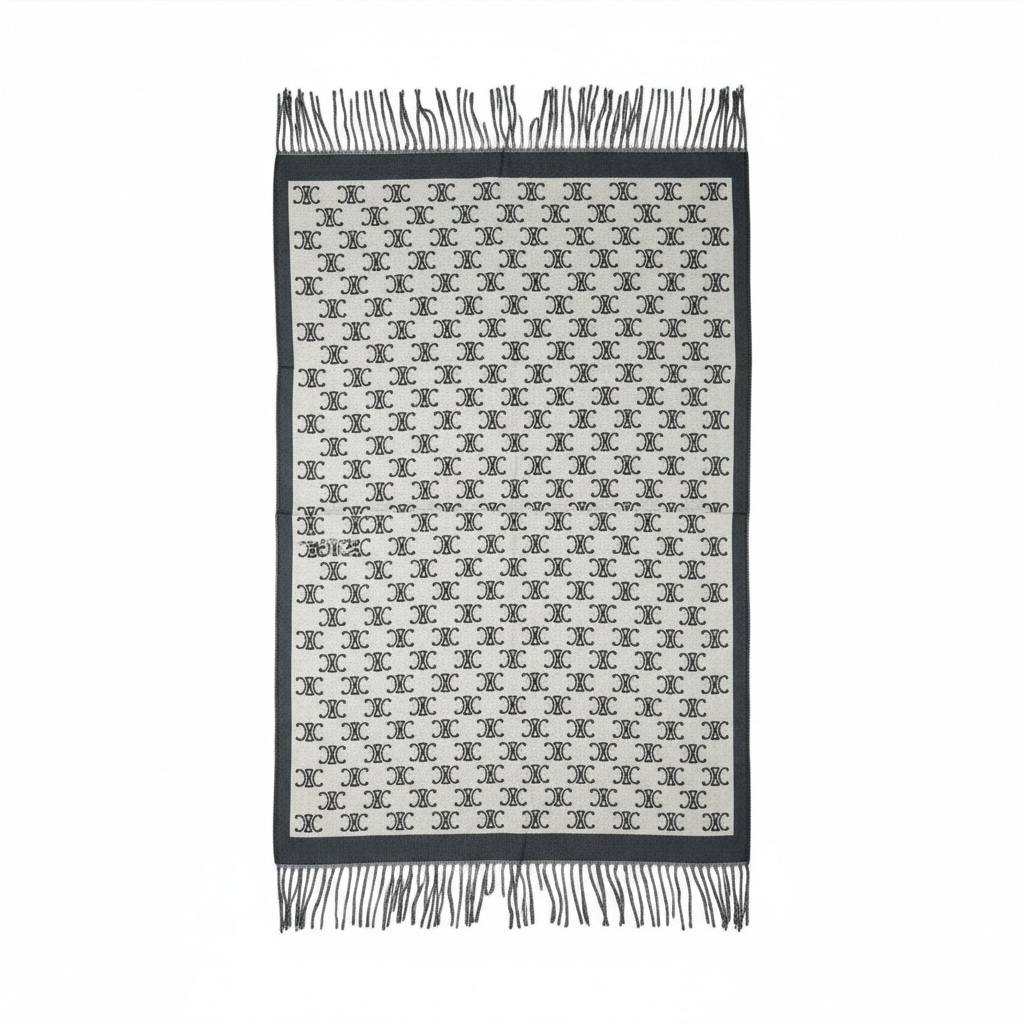 🧣✨ Celine Double-Face Triomphe Monogram Scarf – Grey × Off-White | Premium Winter Luxury