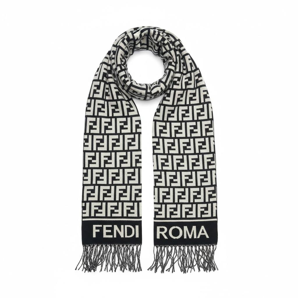 Fendi Inspired Luxury Scarf β Black & Cream βFENDI ROMAβ Edition π§£π€ (Unisex Winter Classic)