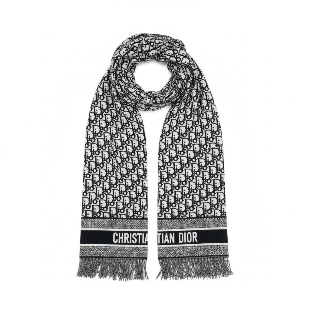 Christian Dior-Inspired Oblique Fringe Scarf – Black & White Luxury Edition 🖤🤍✨