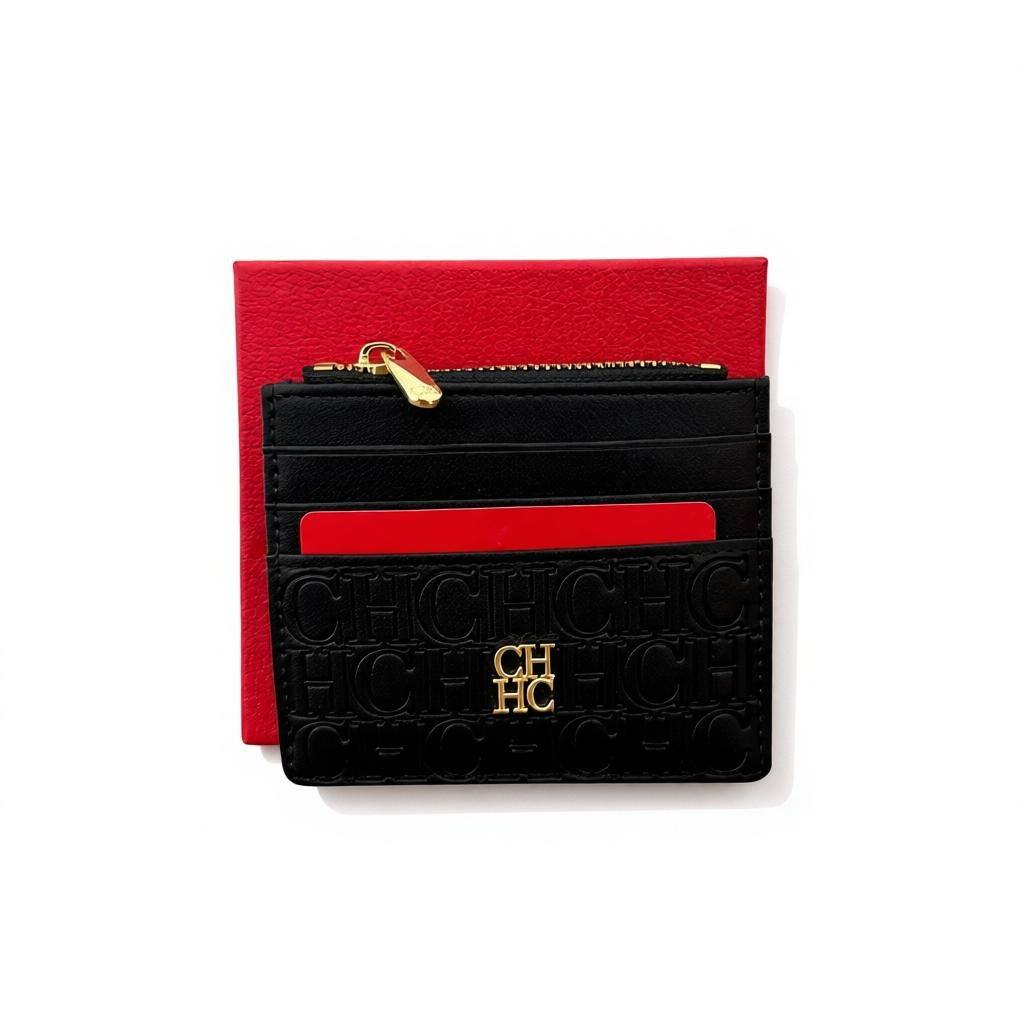 Carolina Herrera Black Embossed CH Card Holder 🖤✨ | Gold Logo & Zip Pocket