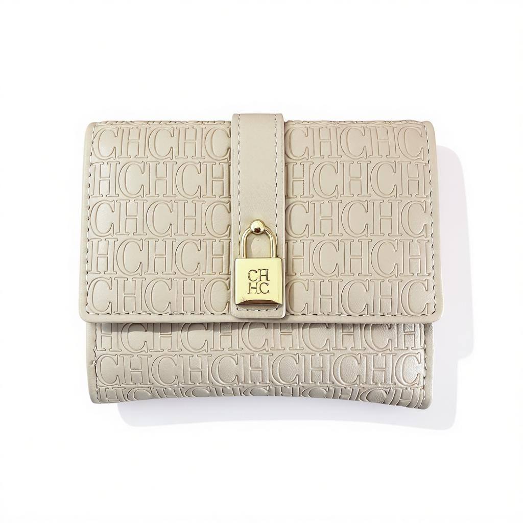 Carolina Herrera Embossed CH Trifold Wallet – Beige 🤍✨ | Gold Lock Detail