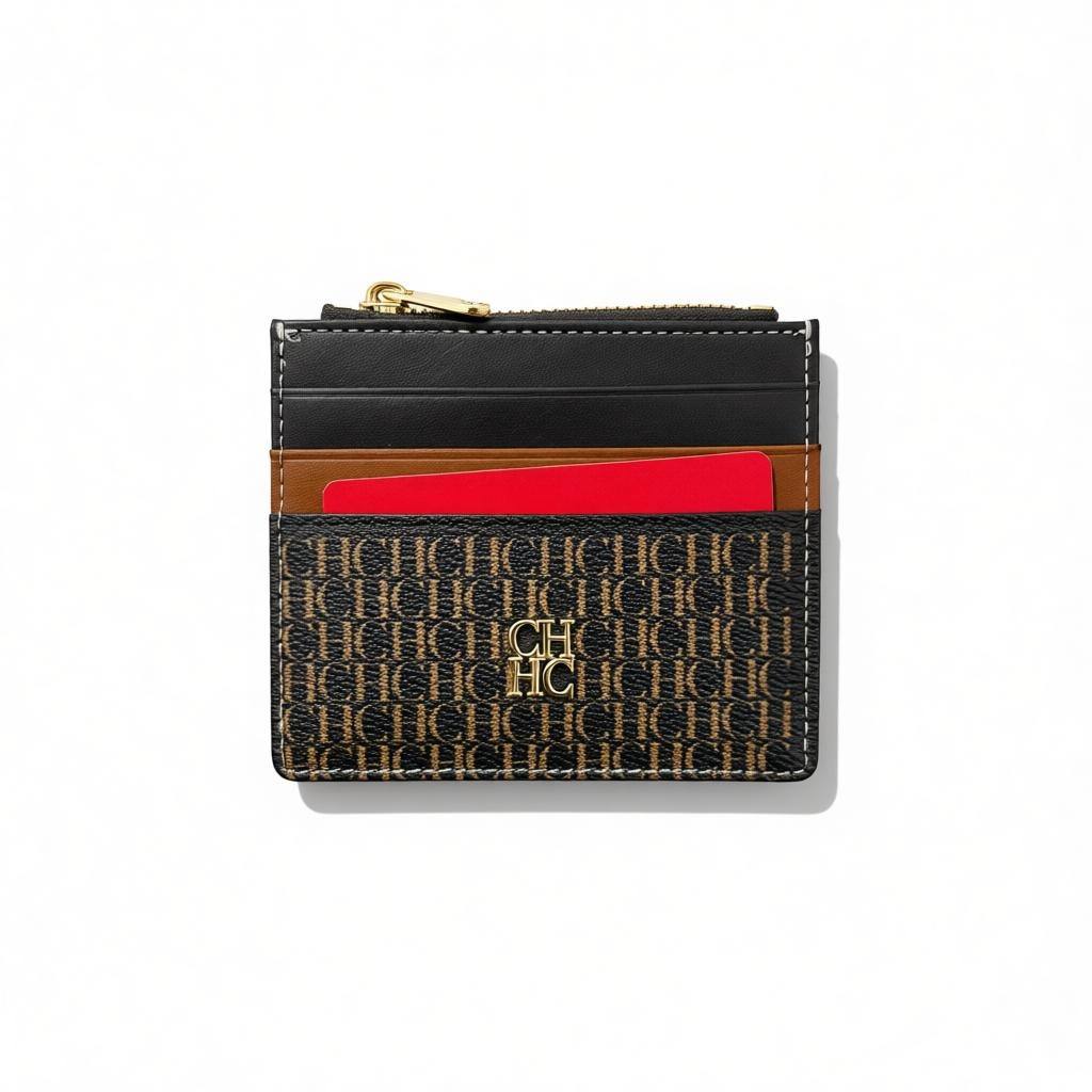 Carolina Herrera CH Monogram Card Holder – Black & Brown 🖤🤎 | Gold Logo & Zip Pocket