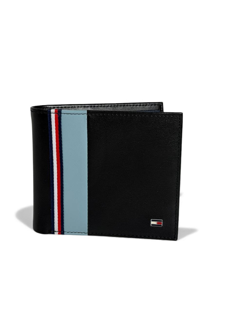 Tommy Hilfiger Black & Blue Stripe Bifold Wallet โ Premium Leather ๐บ๐ธ๐ค๐