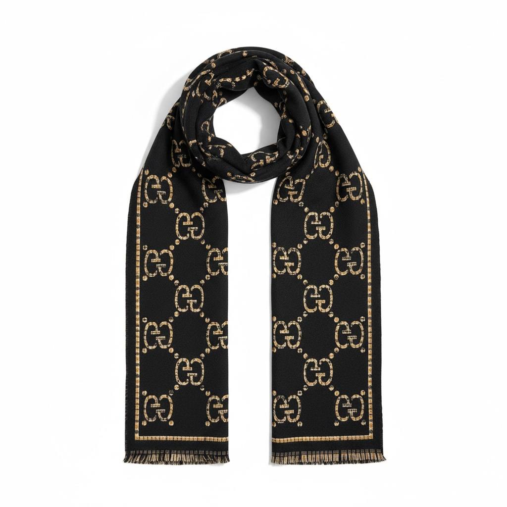 Gucci Double-Face Jacquard GG Scarf – Black & Gold / Beige Reversible | Luxury Winter Collection