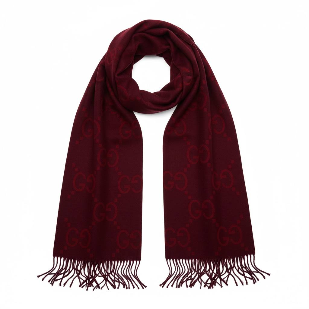 🧣 Gucci GG Monogram Wool Scarf – Deep Burgundy Elegance