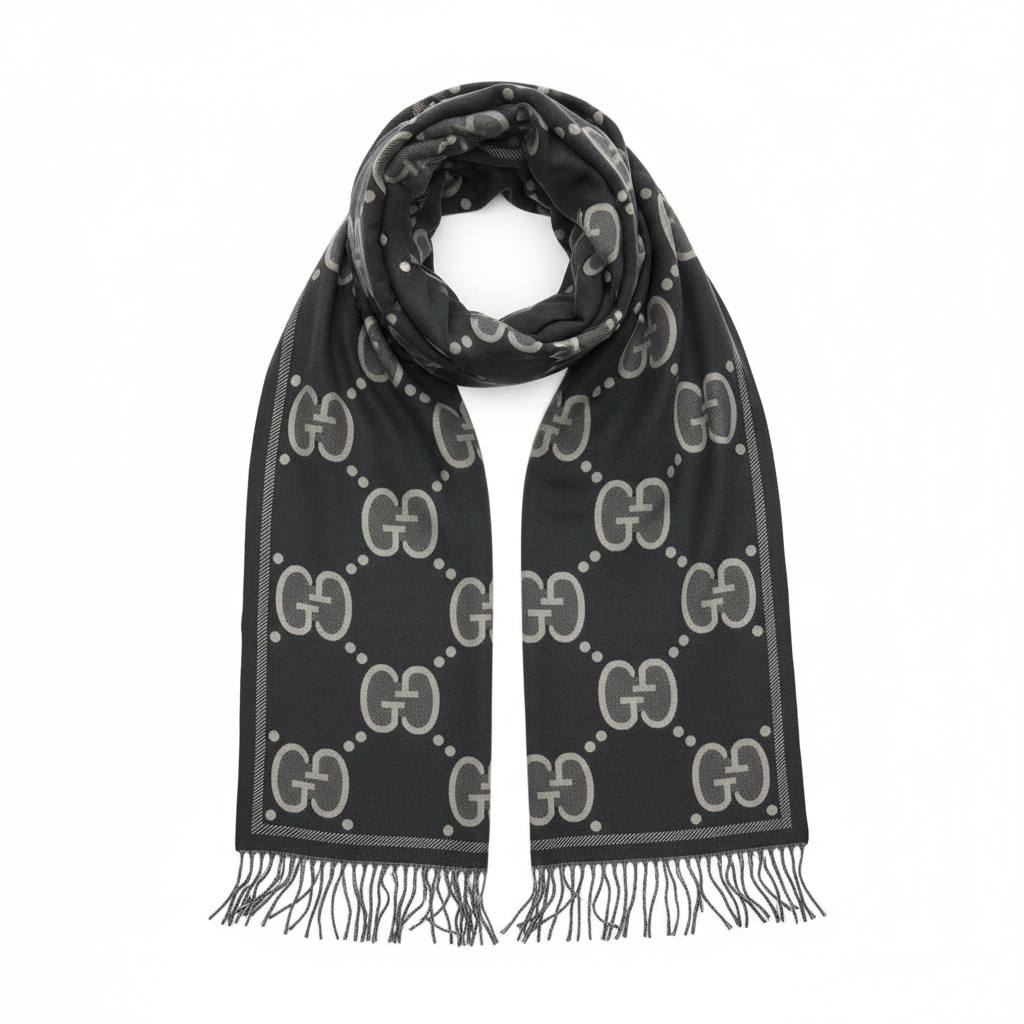 🧣 Gucci Reversible GG Monogram Scarf – Black & Grey
